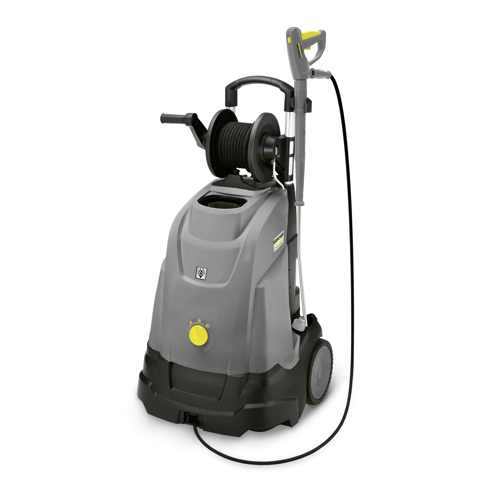 Kärcher high-pressure cleaner with hose reel, grey and black, featuring a yellow control knob and handle. Kärcher high-pressure cleaner with hose reel, grey and black, featuring a yellow control knob and handle.