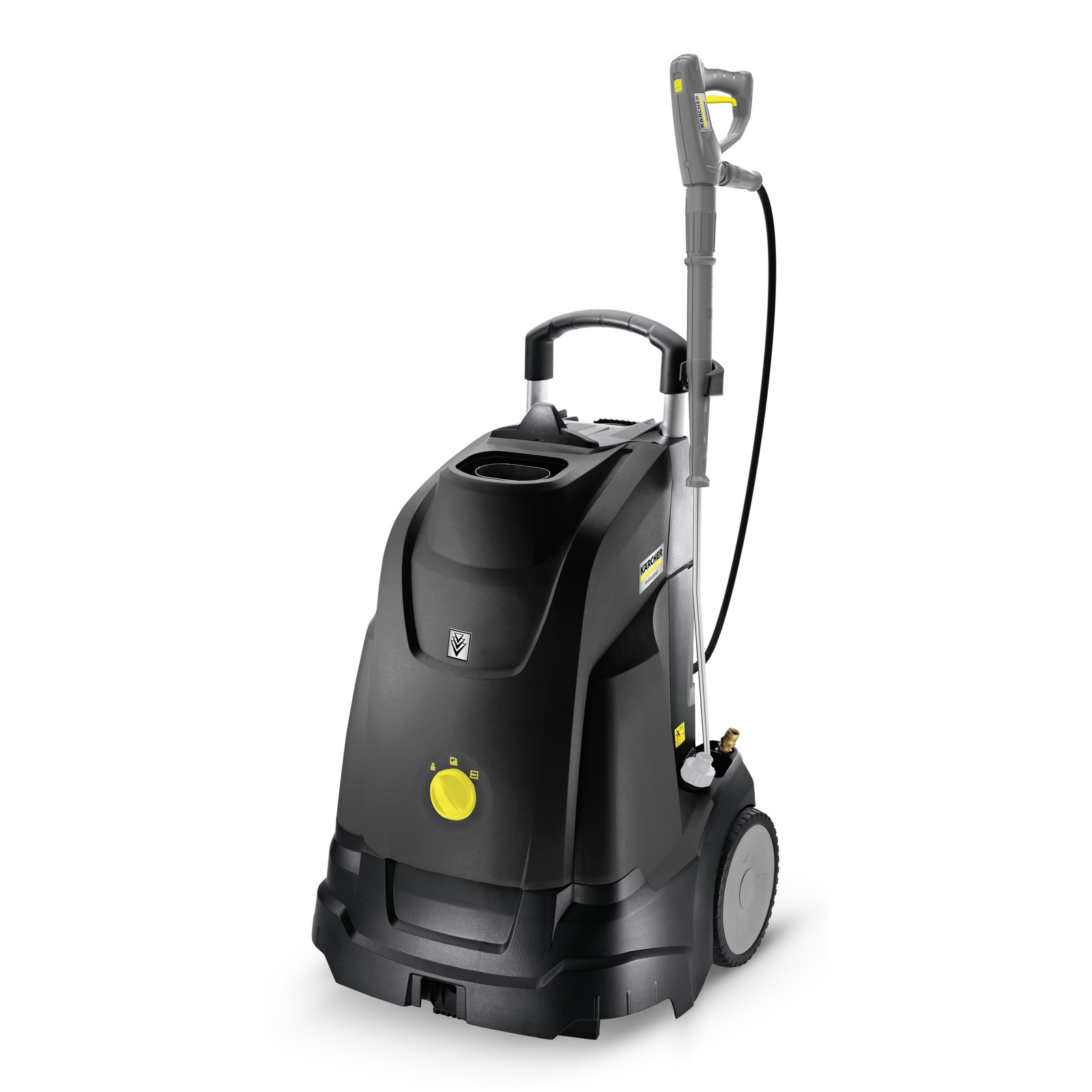 Curățător cu presiune Kärcher, negru, cu roți și mâner ergonomic, vedere laterală.