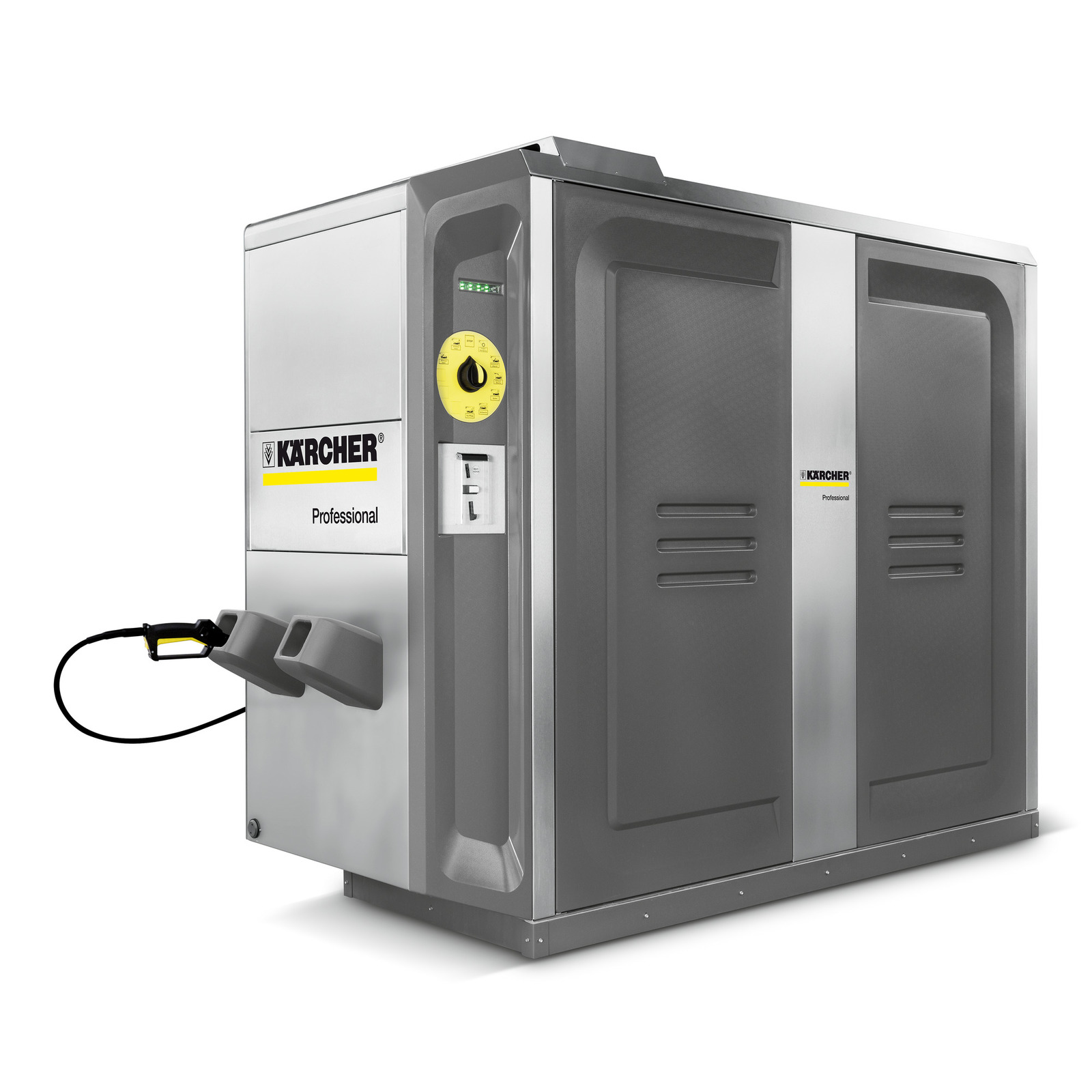 Kärcher professional cleaning system with hose and control panel, featuring a sleek grey and silver design.