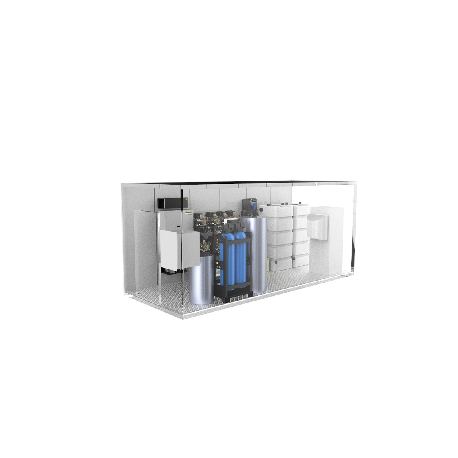 Industrial water treatment system with blue filters, white tanks, and control panels in a metal container setting.