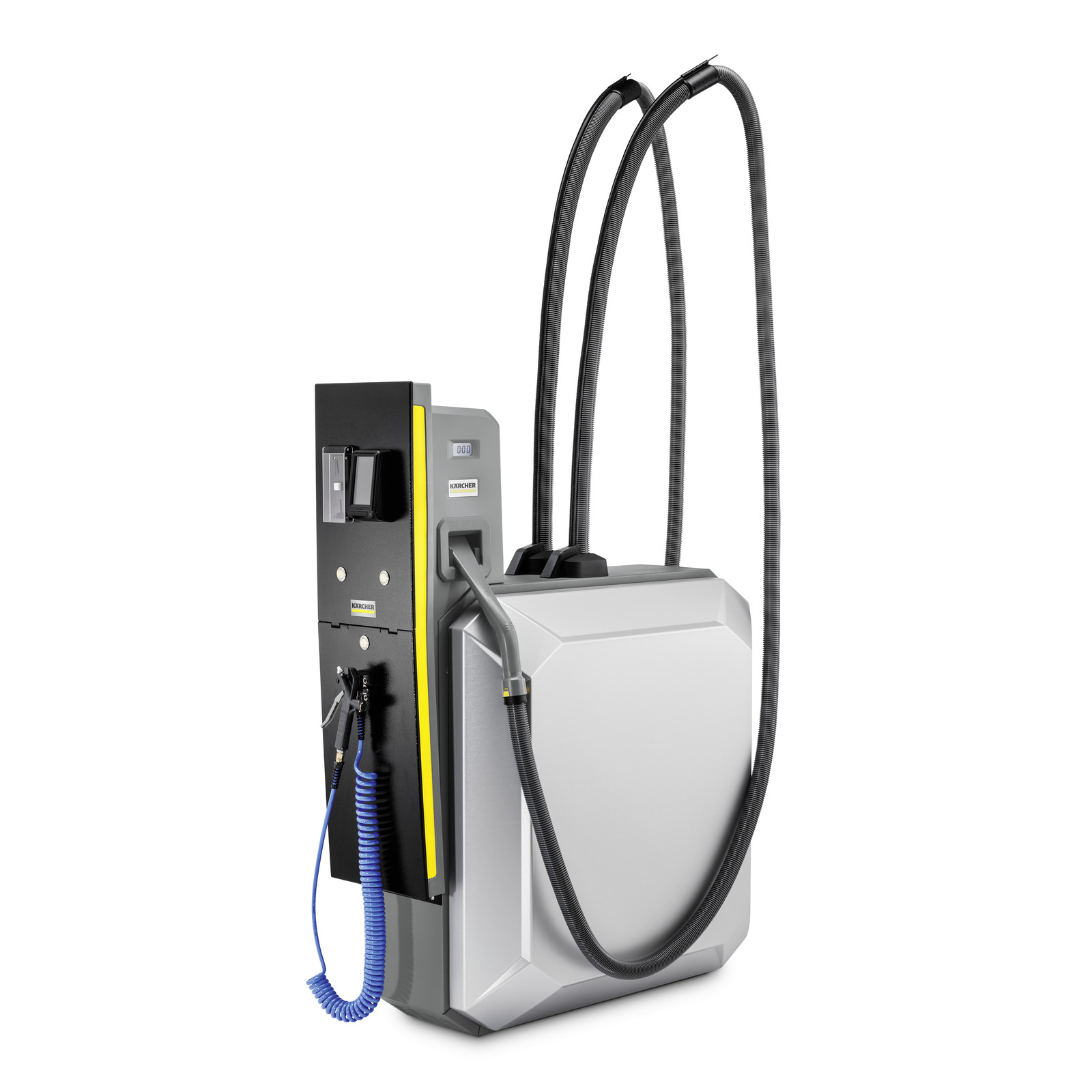 Kärcher vacuum cleaner station with hoses, control panel, and coiled blue cable, set against a white background.
