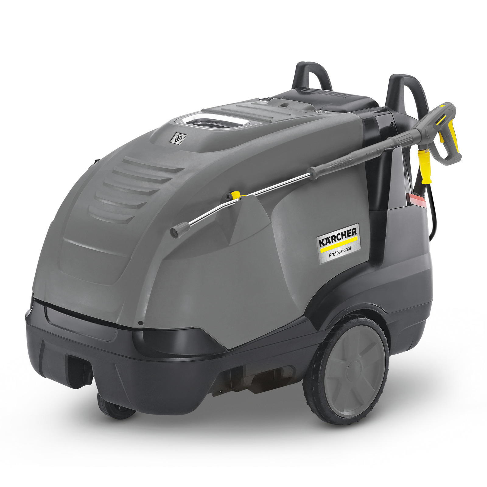 Kärcher professional high-pressure cleaner, grey and black, with wheels and handle, side view. Kärcher professional high-pressure cleaner, grey and black, with wheels and handle, side view.