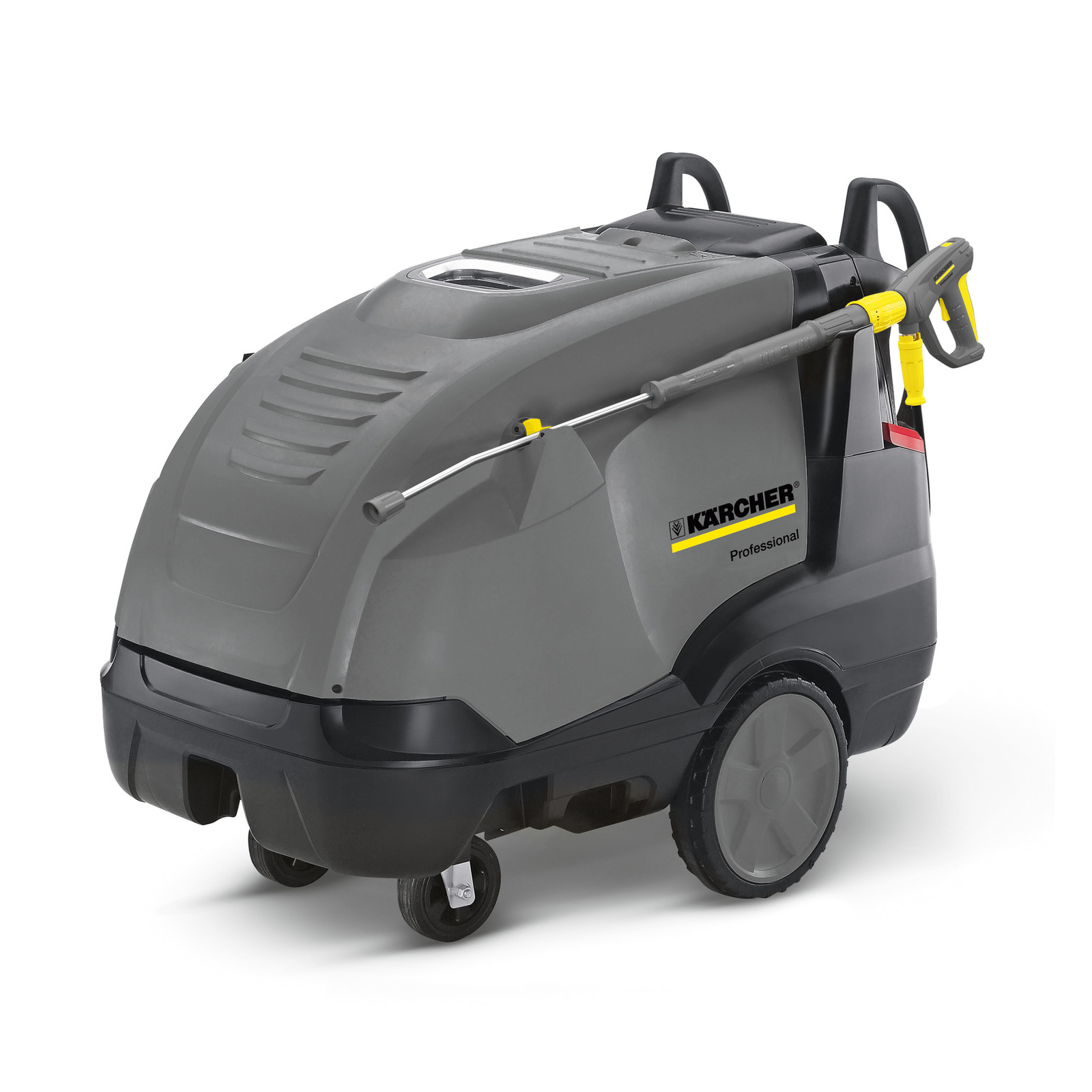 Grey Kärcher professional high-pressure cleaner with wheels and handle, featuring a mounted spray lance.