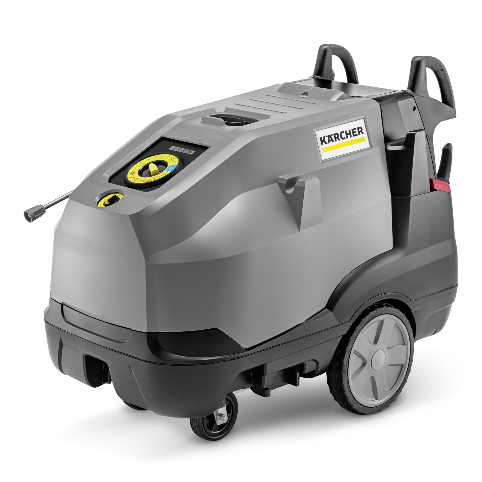 Kärcher high-pressure cleaner with grey and black casing, large wheels, and control panel on top.