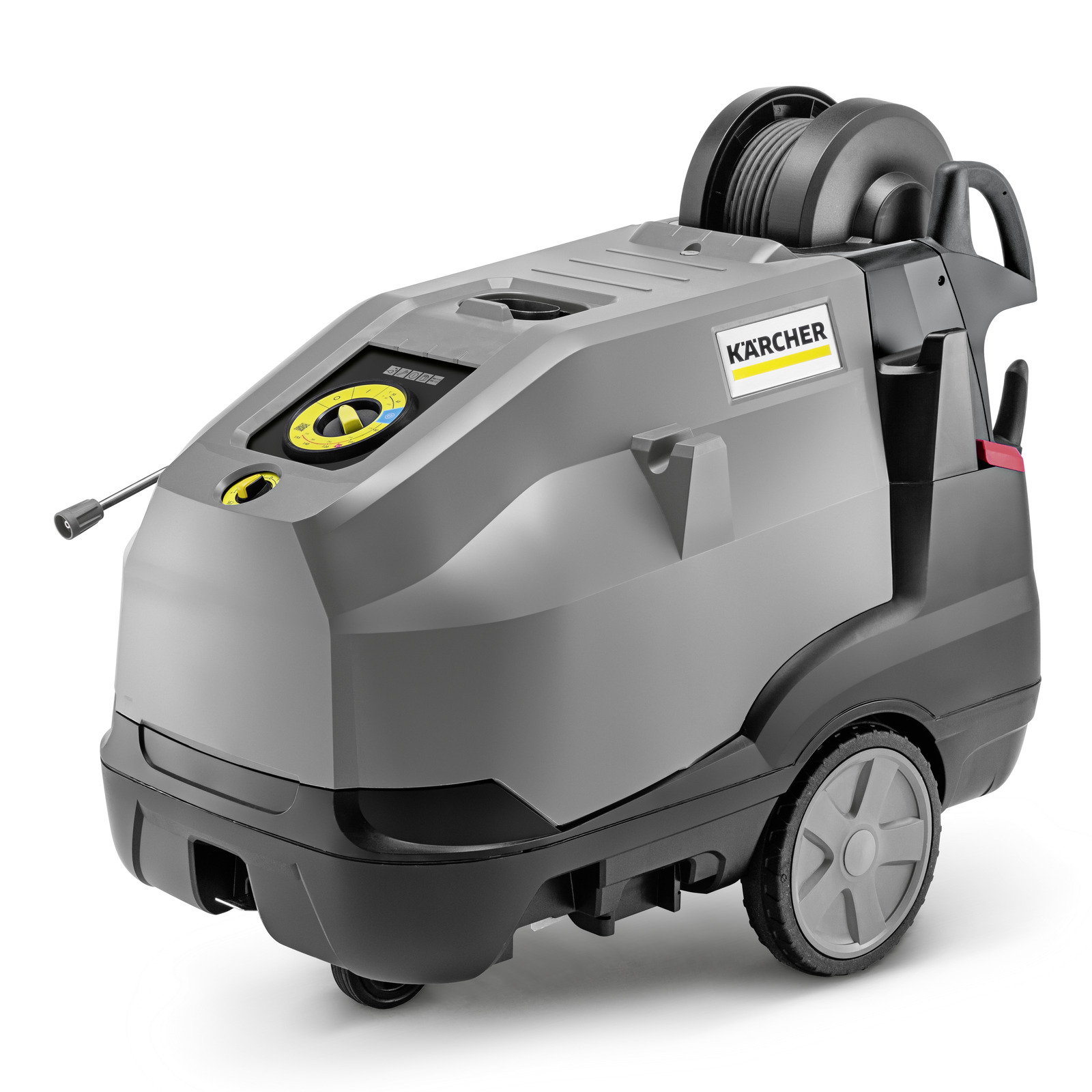 Grey Kärcher high-pressure cleaner with wheels and hose reel, featuring control panel and Kärcher logo on the side.