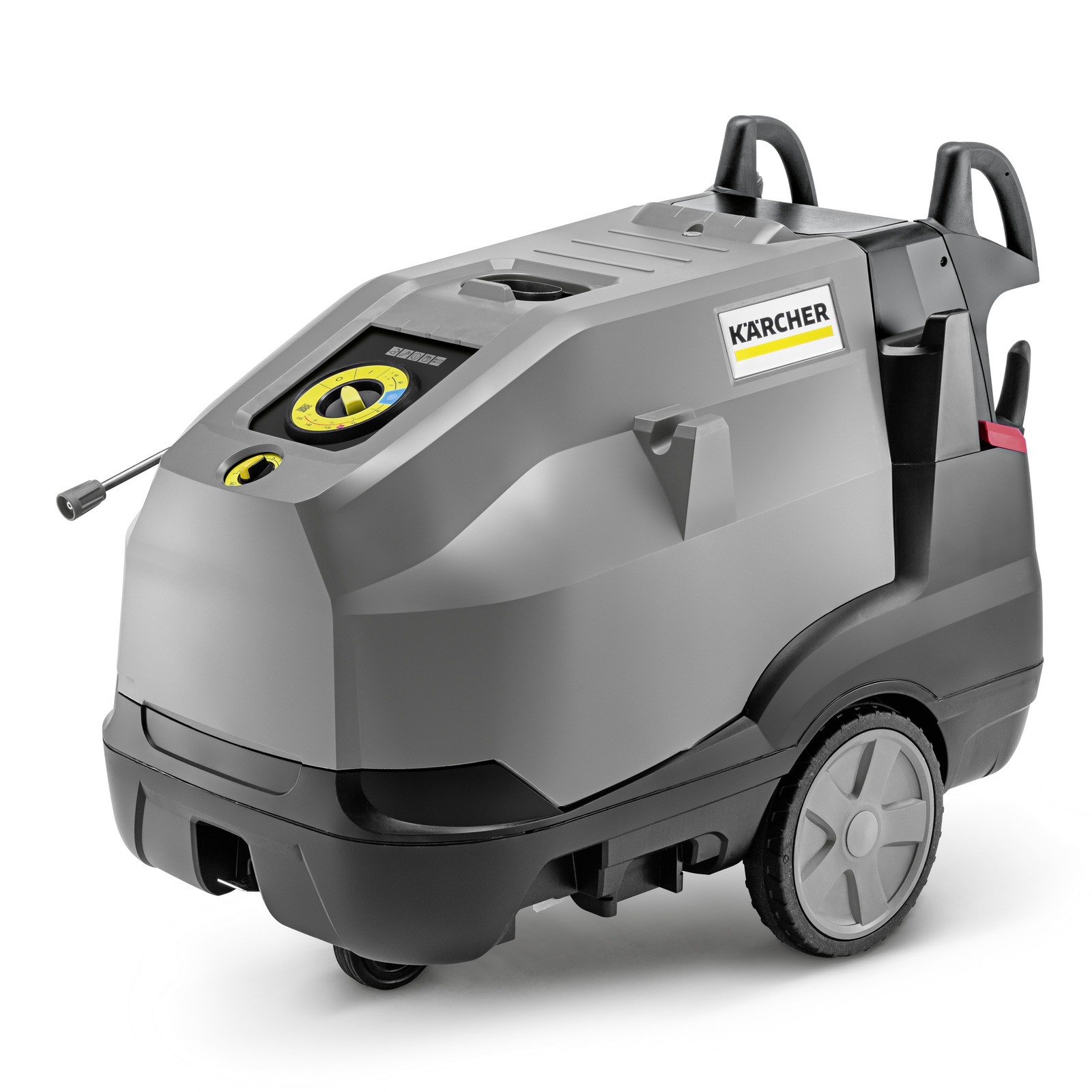 Grey Kärcher high-pressure cleaner with control panel and wheels, featuring a handle on top for easy manoeuvrability.