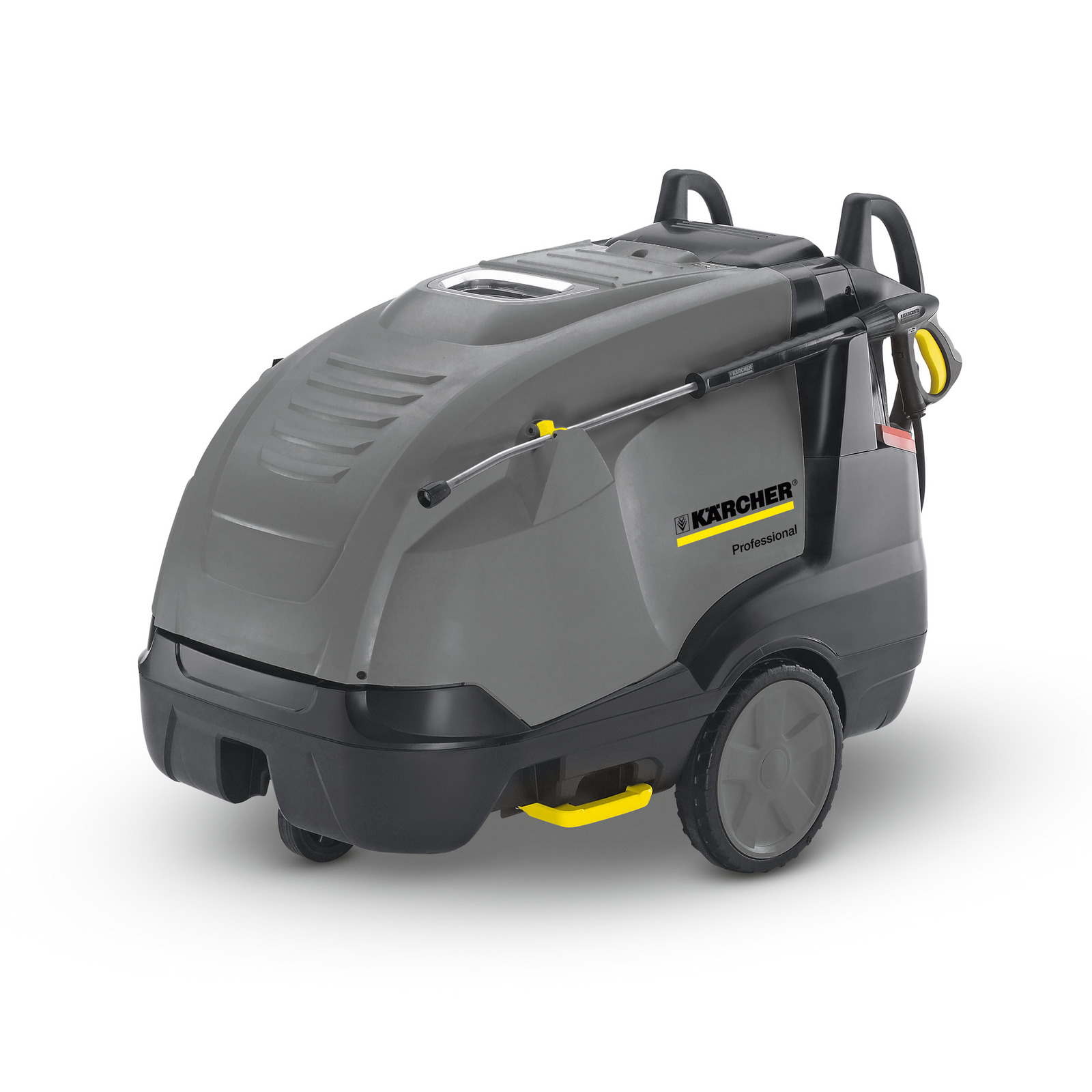 Grey Kärcher professional high-pressure cleaner with wheels and handle, featuring a sleek design and visible branding.