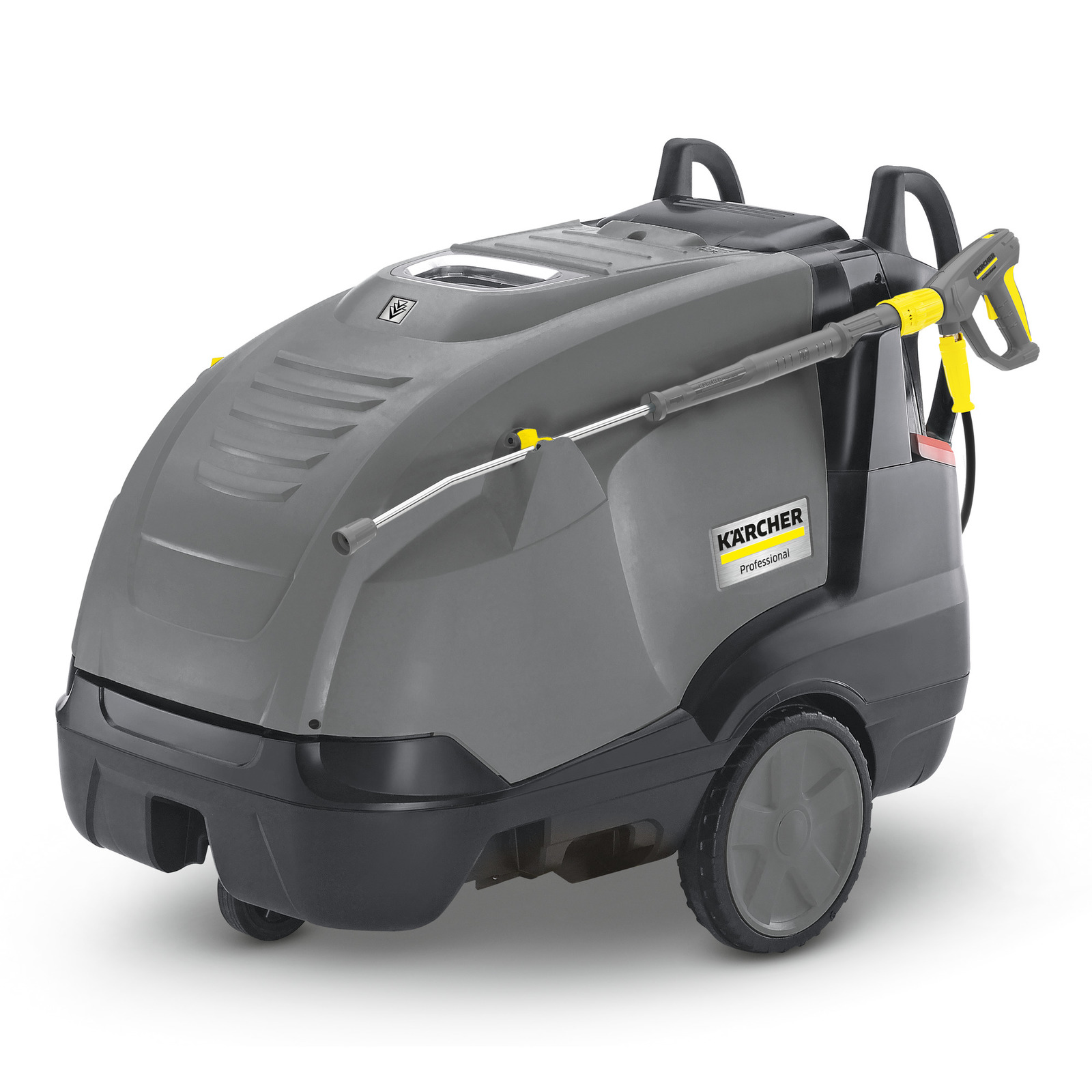 Kärcher professional high-pressure cleaner, grey and black, with wheels and handle, side view.