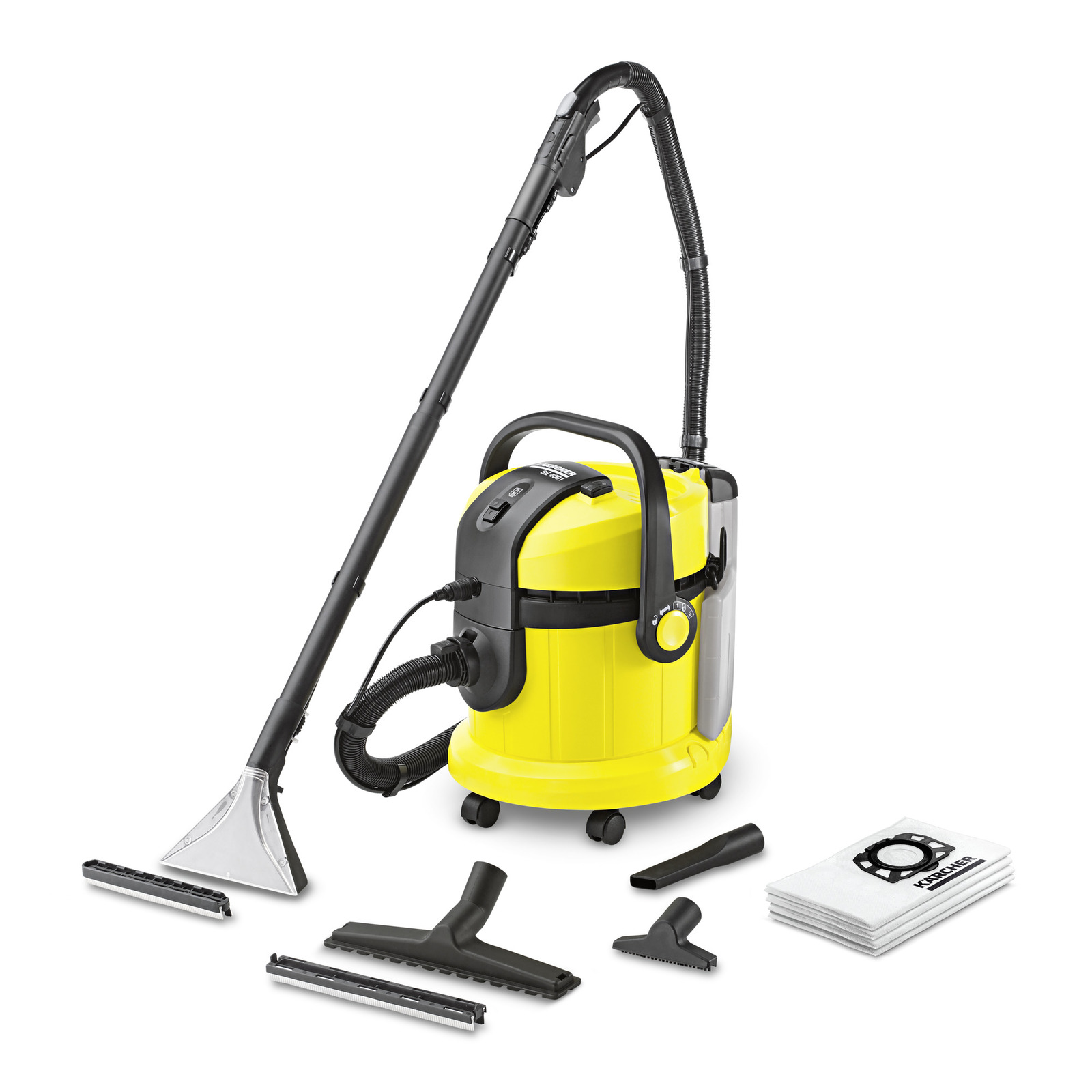 Aspirator Kärcher cu accesorii diverse, inclusiv duze și saci de filtrare, pe fundal alb. Aspirator Kärcher cu accesorii diverse, inclusiv duze și saci de filtrare, pe fundal alb.
