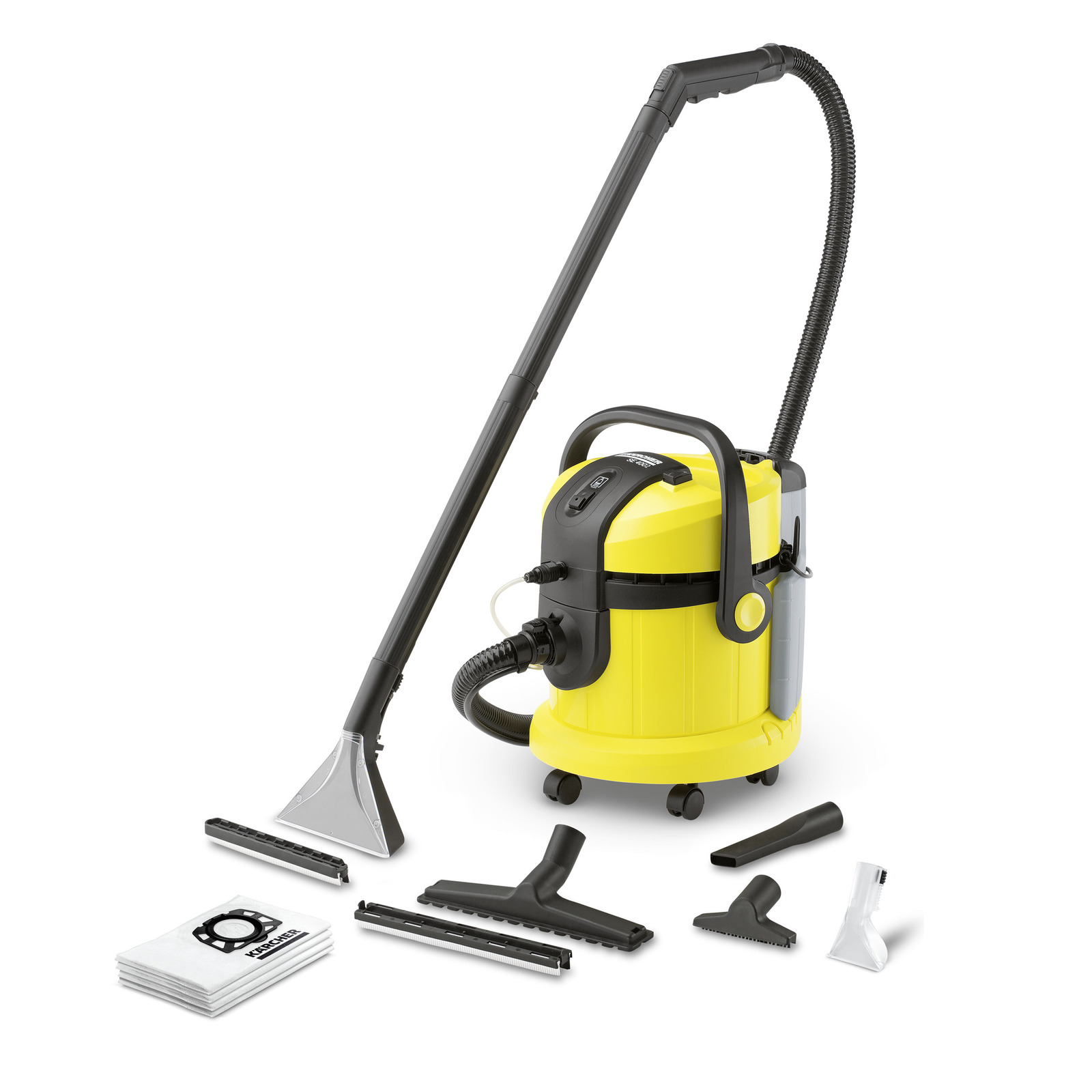 Aspirator Kärcher galben cu accesorii diverse, inclusiv duze și perii, pe fundal alb.