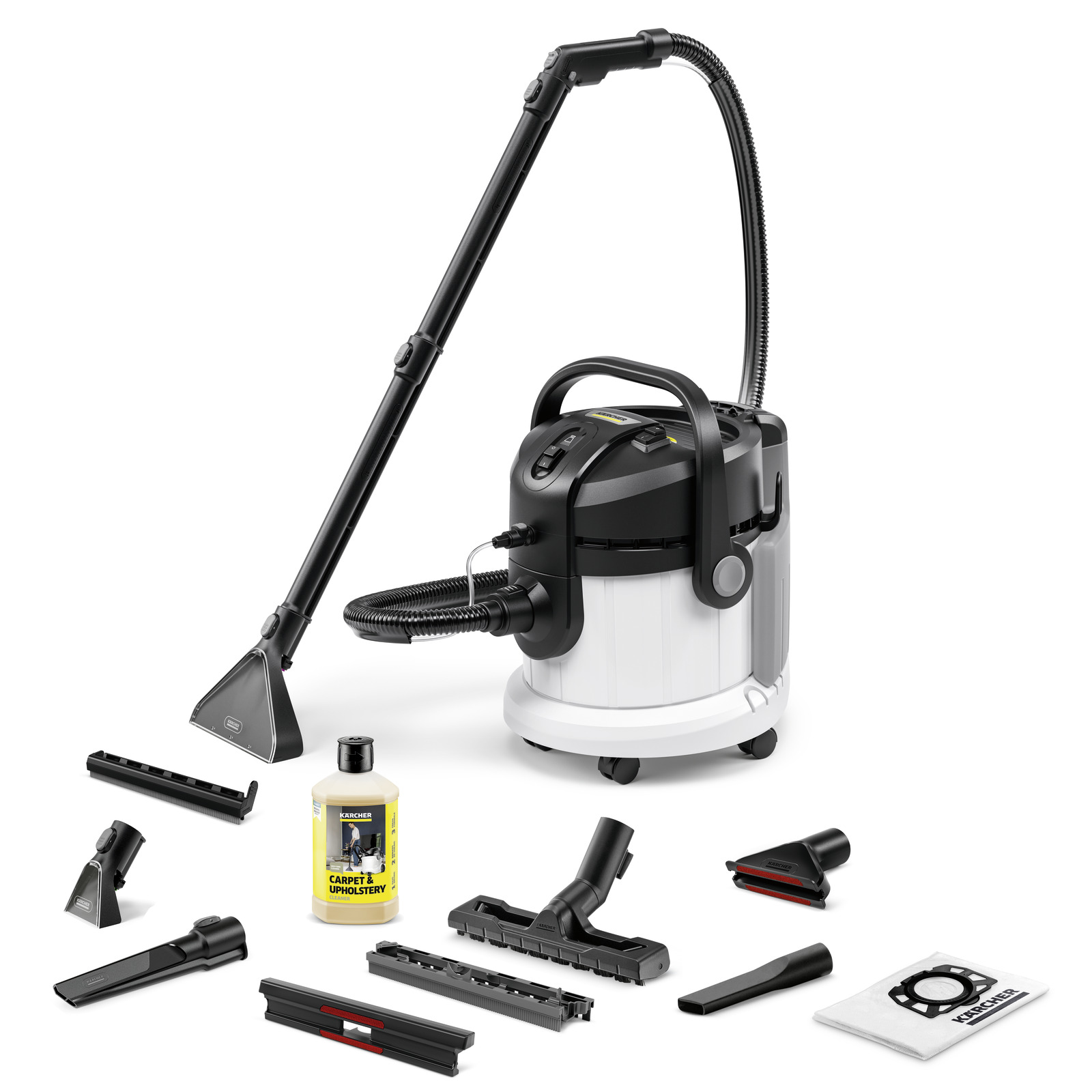 Kärcher spray extraction cleaner, various nozzles, floor tools, and a bottle of cleaning solution displayed on a white background.