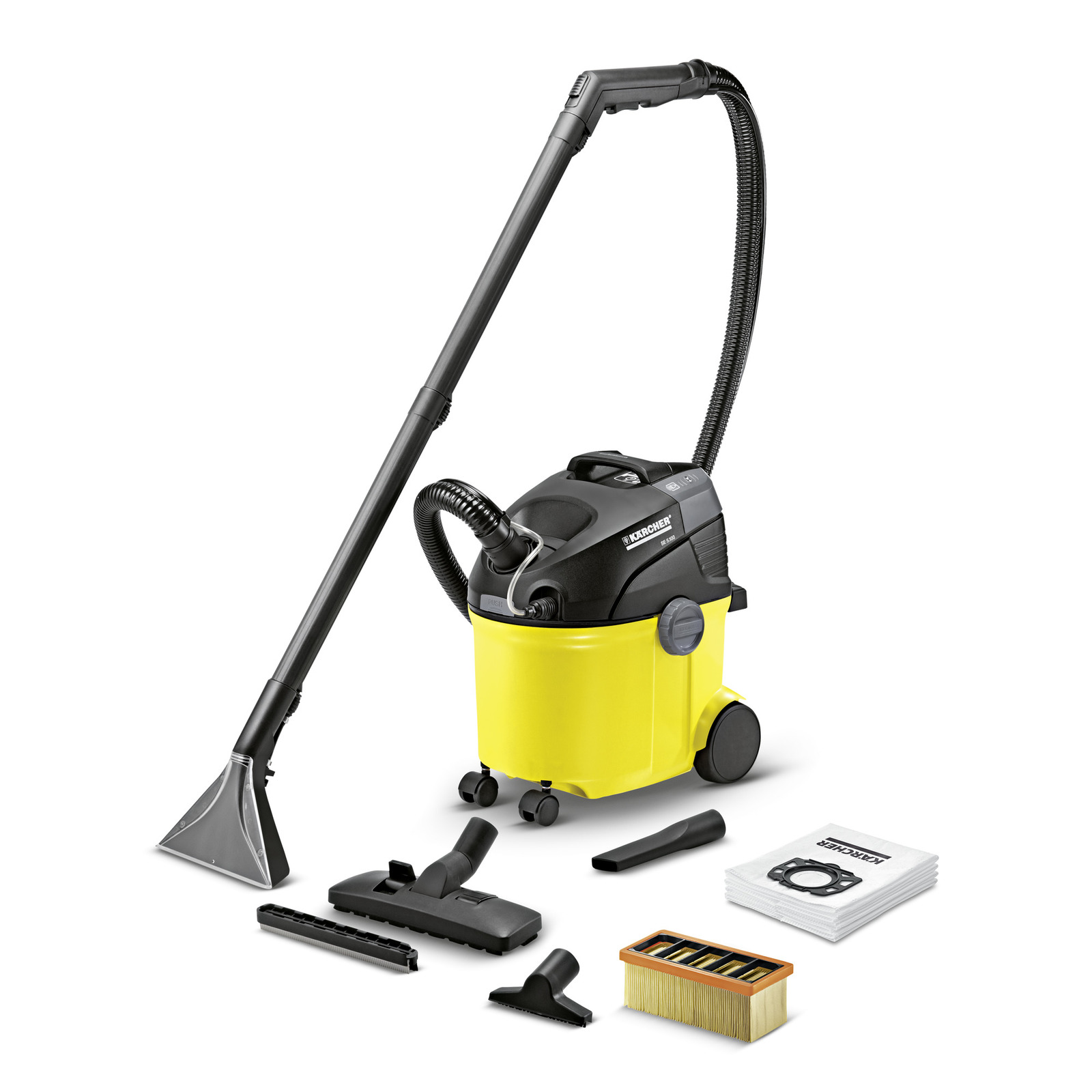 Aspirator Kärcher galben cu accesorii diverse, inclusiv perii și duze, pe fundal alb. Aspirator Kärcher galben cu accesorii diverse, inclusiv perii și duze, pe fundal alb.