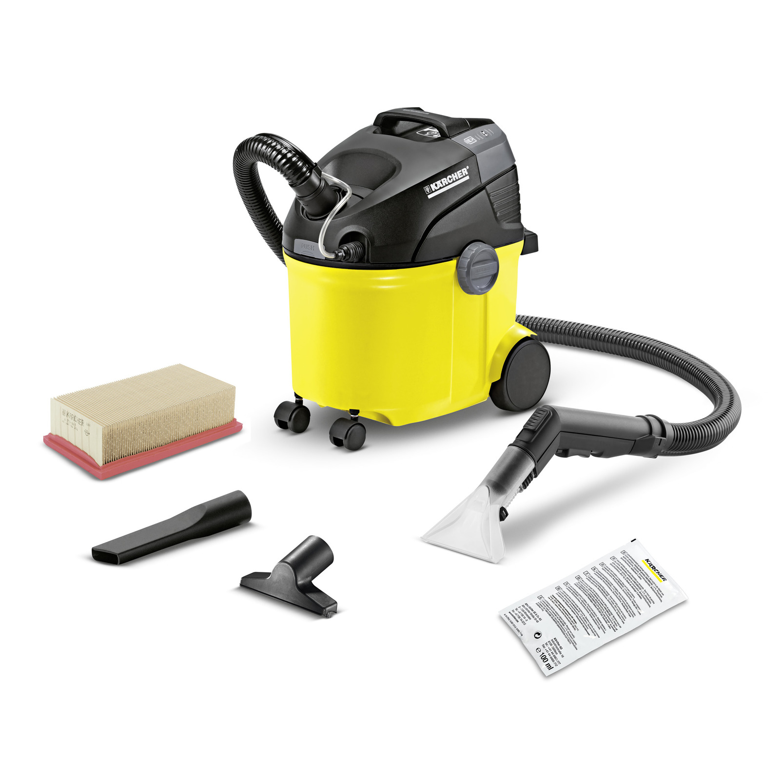 Aspirator Kärcher galben cu accesorii: duze, filtru, și manual de instrucțiuni pe fundal alb. Aspirator Kärcher galben cu accesorii: duze, filtru, și manual de instrucțiuni pe fundal alb.