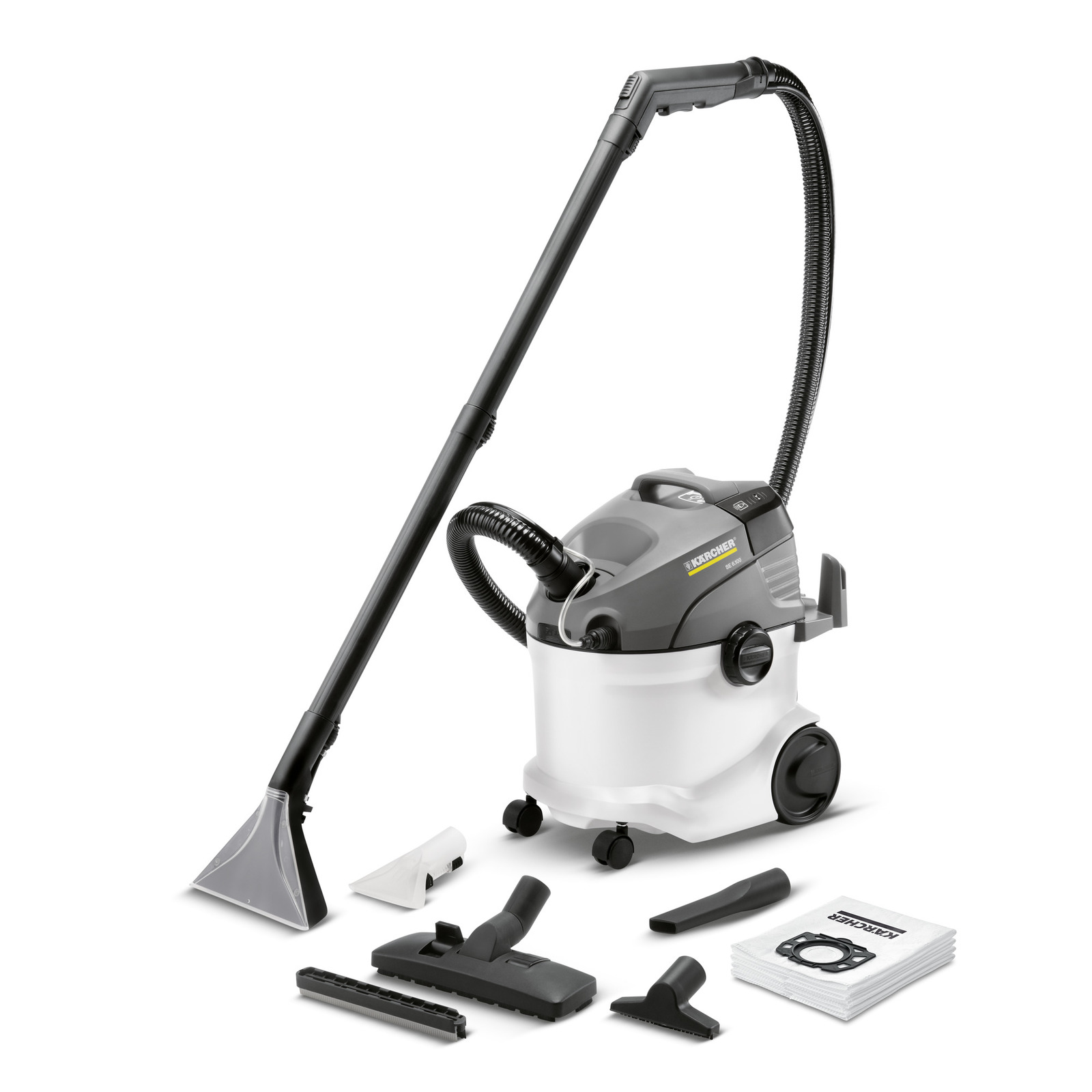 Aspirator Kärcher cu accesorii diverse, inclusiv duze și perii, pe fundal alb. Aspirator Kärcher cu accesorii diverse, inclusiv duze și perii, pe fundal alb.
