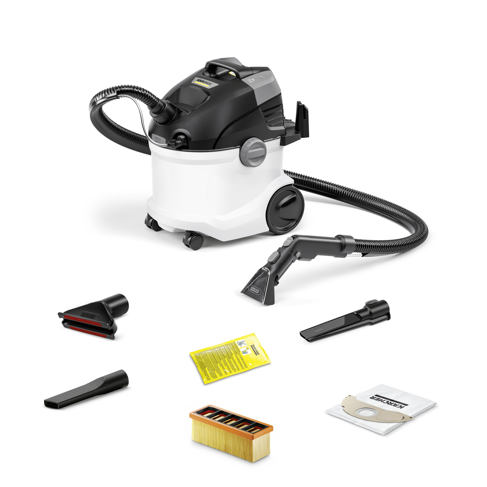 Aspirator Kärcher cu accesorii diverse, inclusiv duze, filtru, sac de praf și soluție de curățare.