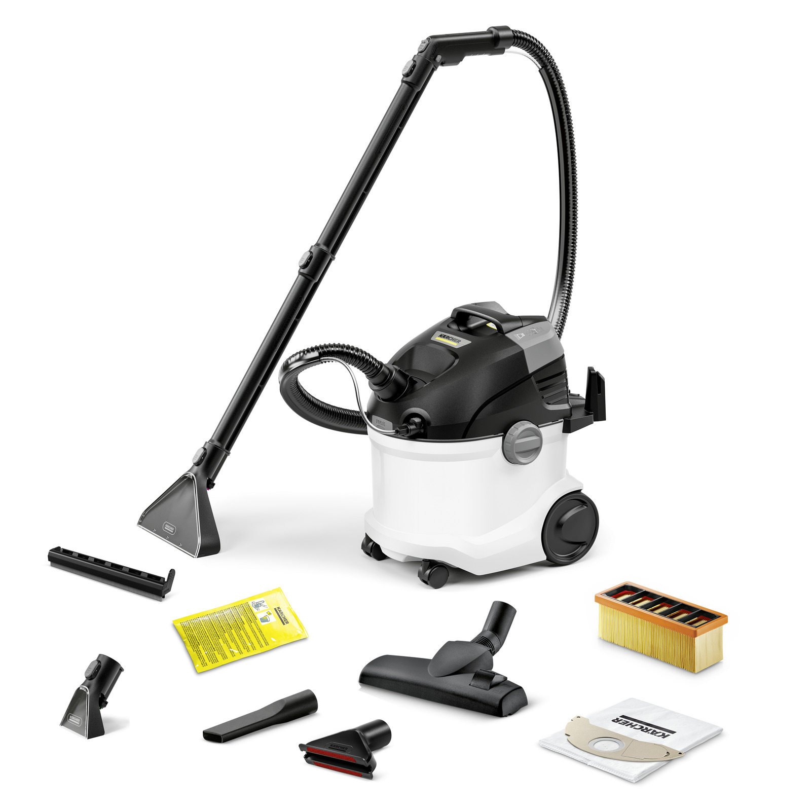 Kärcher stofzuiger met accessoires zoals mondstukken, filter en stofzak, op een witte achtergrond.