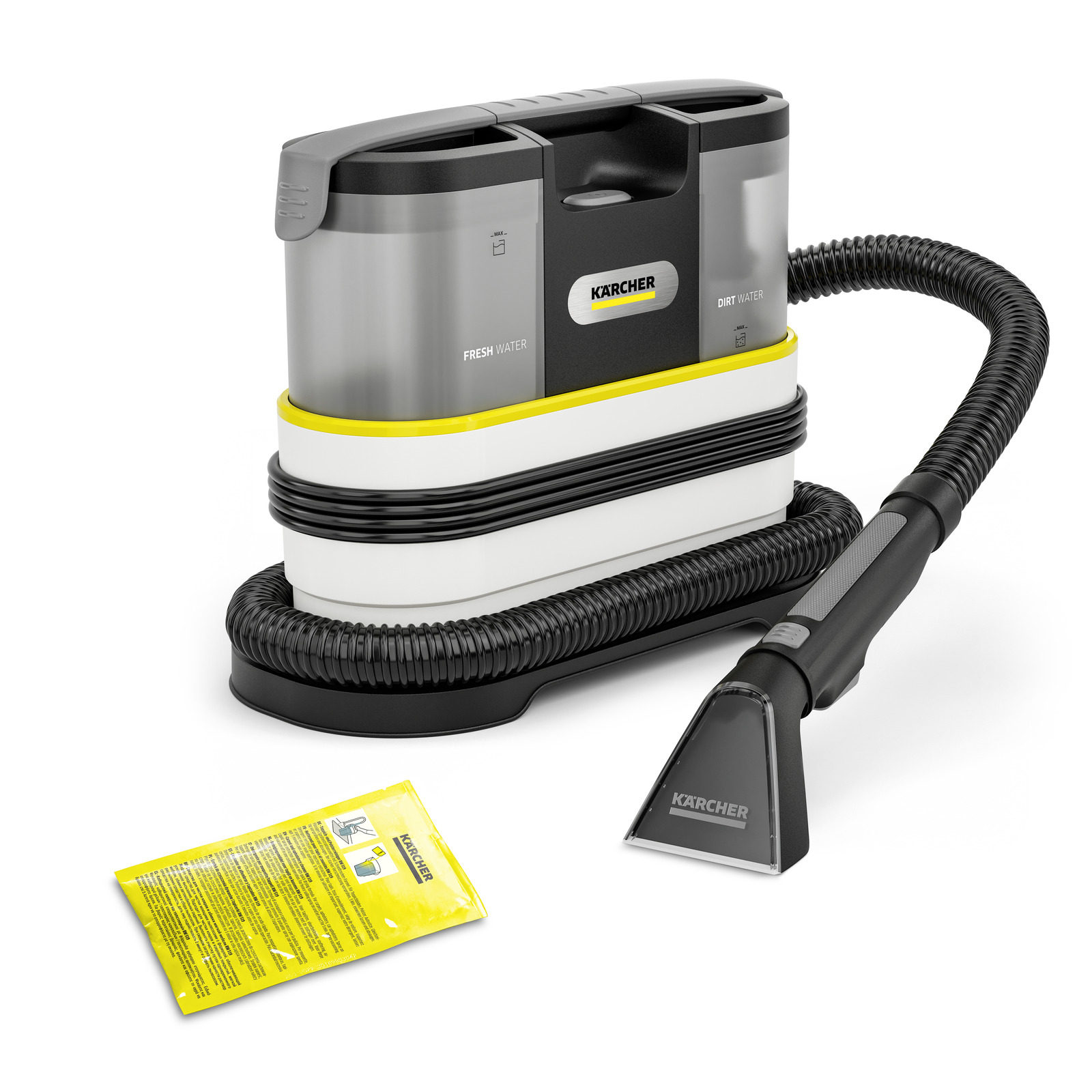 Kärcher carpet cleaner with hose and nozzle, featuring separate fresh and dirt water tanks, alongside a yellow detergent sachet. Kärcher carpet cleaner with hose and nozzle, featuring separate fresh and dirt water tanks, alongside a yellow detergent sachet.