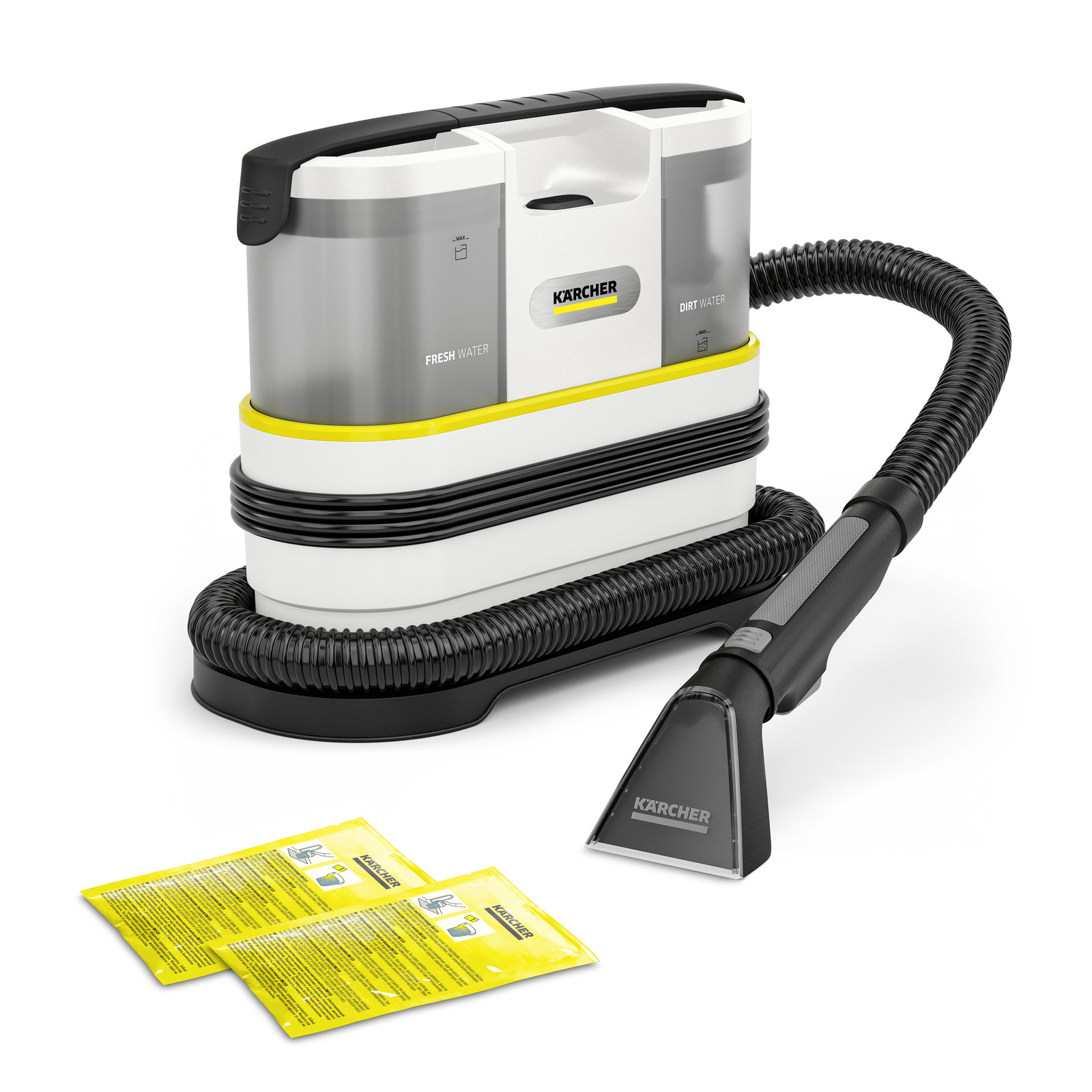 Kärcher spray extraction cleaner with hose and nozzle, accompanied by two yellow detergent sachets. Kärcher spray extraction cleaner with hose and nozzle, accompanied by two yellow detergent sachets.
