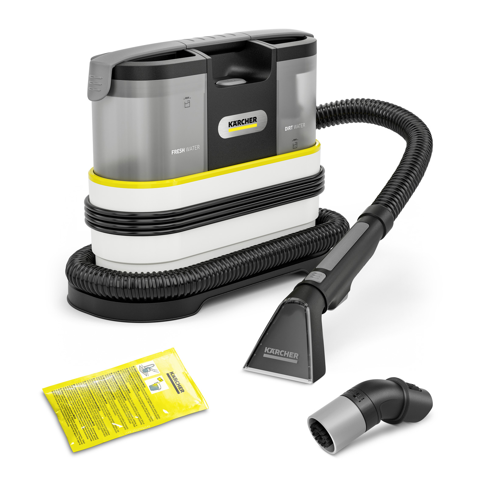 Kärcher carpet cleaner with hose attachment, nozzle, and yellow detergent packet on white background.