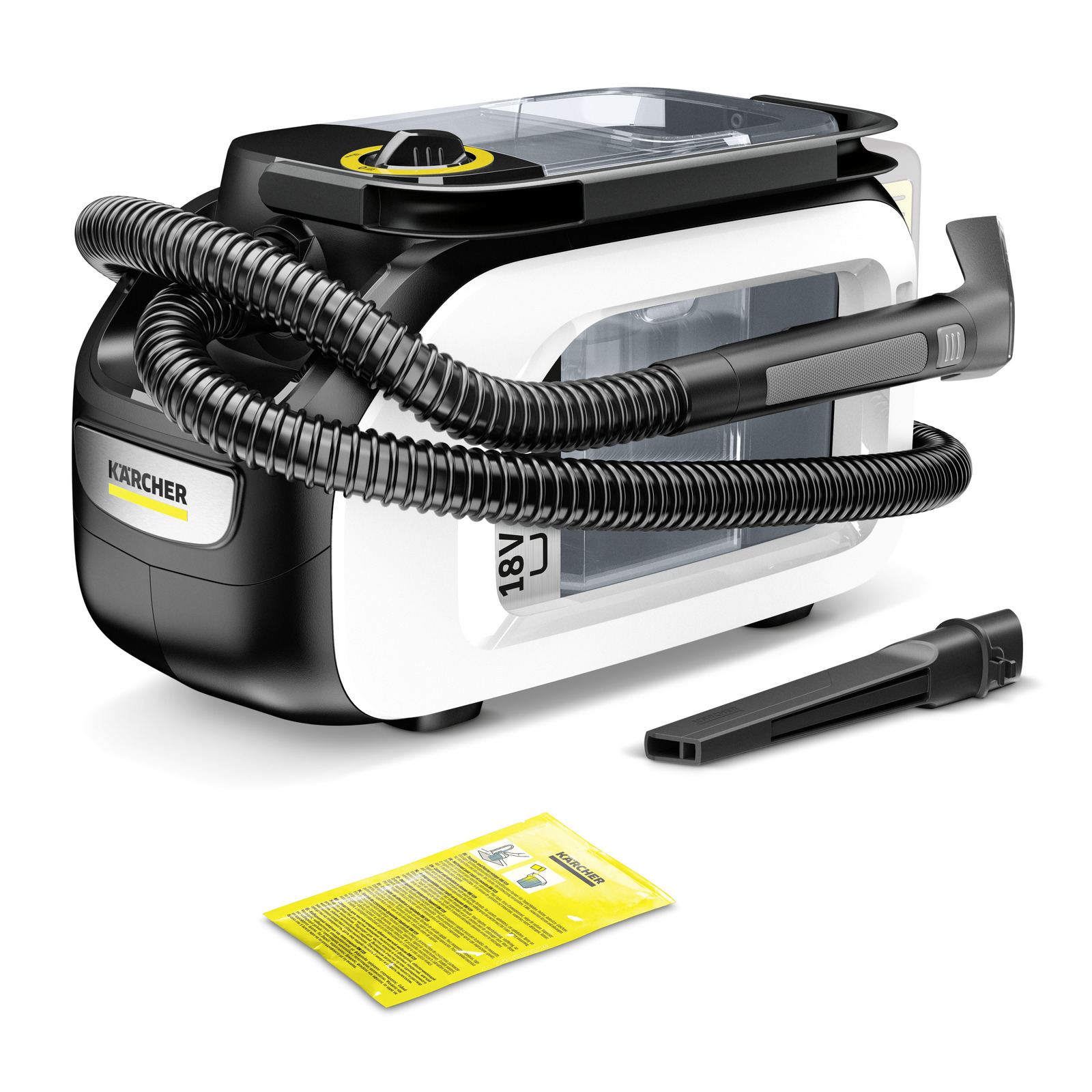 Kärcher portable vacuum cleaner with hose, nozzle attachment, and yellow instruction leaflet on white background.