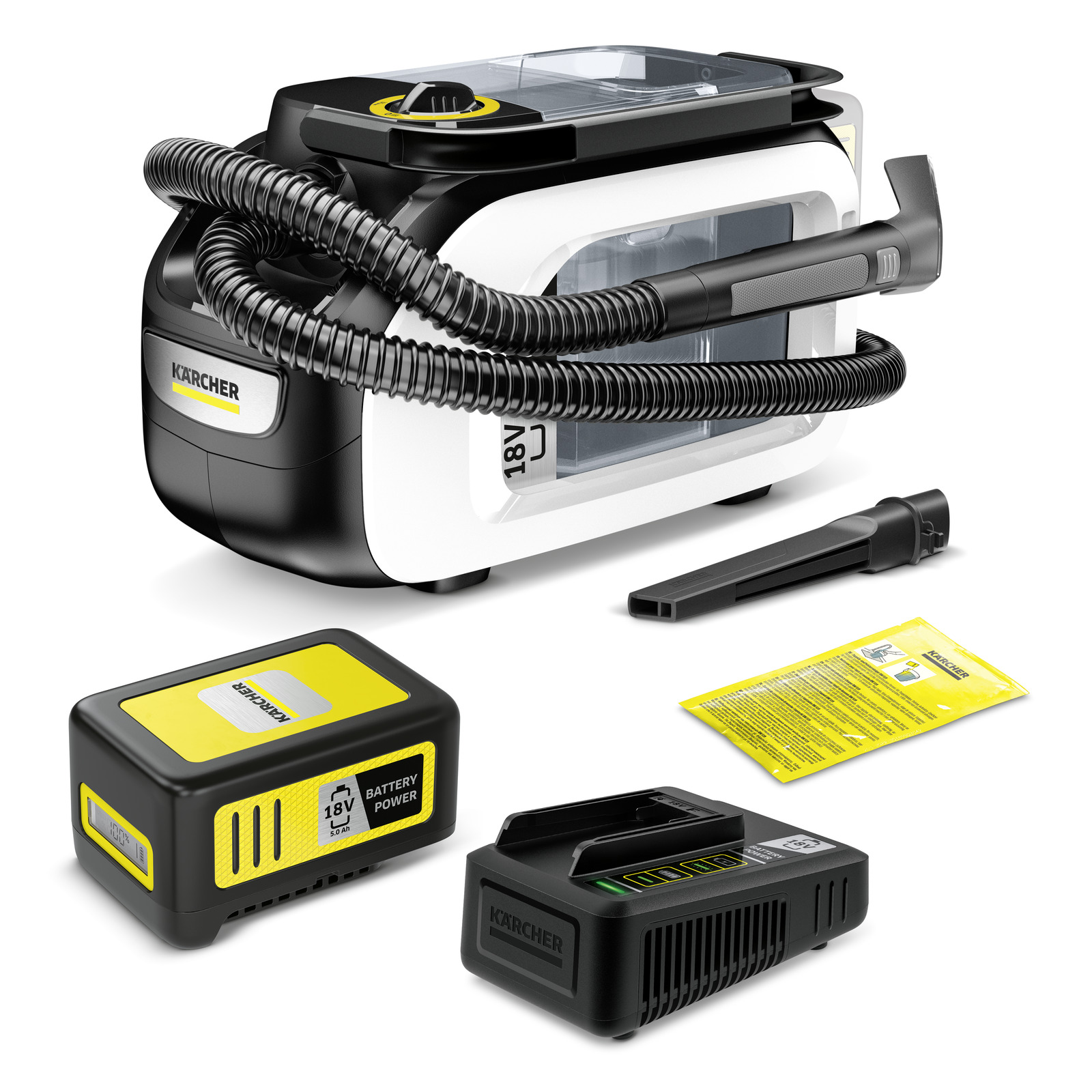 Aspirator Kärcher cu acumulator, furtun flexibil, încărcător, baterie și manual de instrucțiuni pe fundal alb.