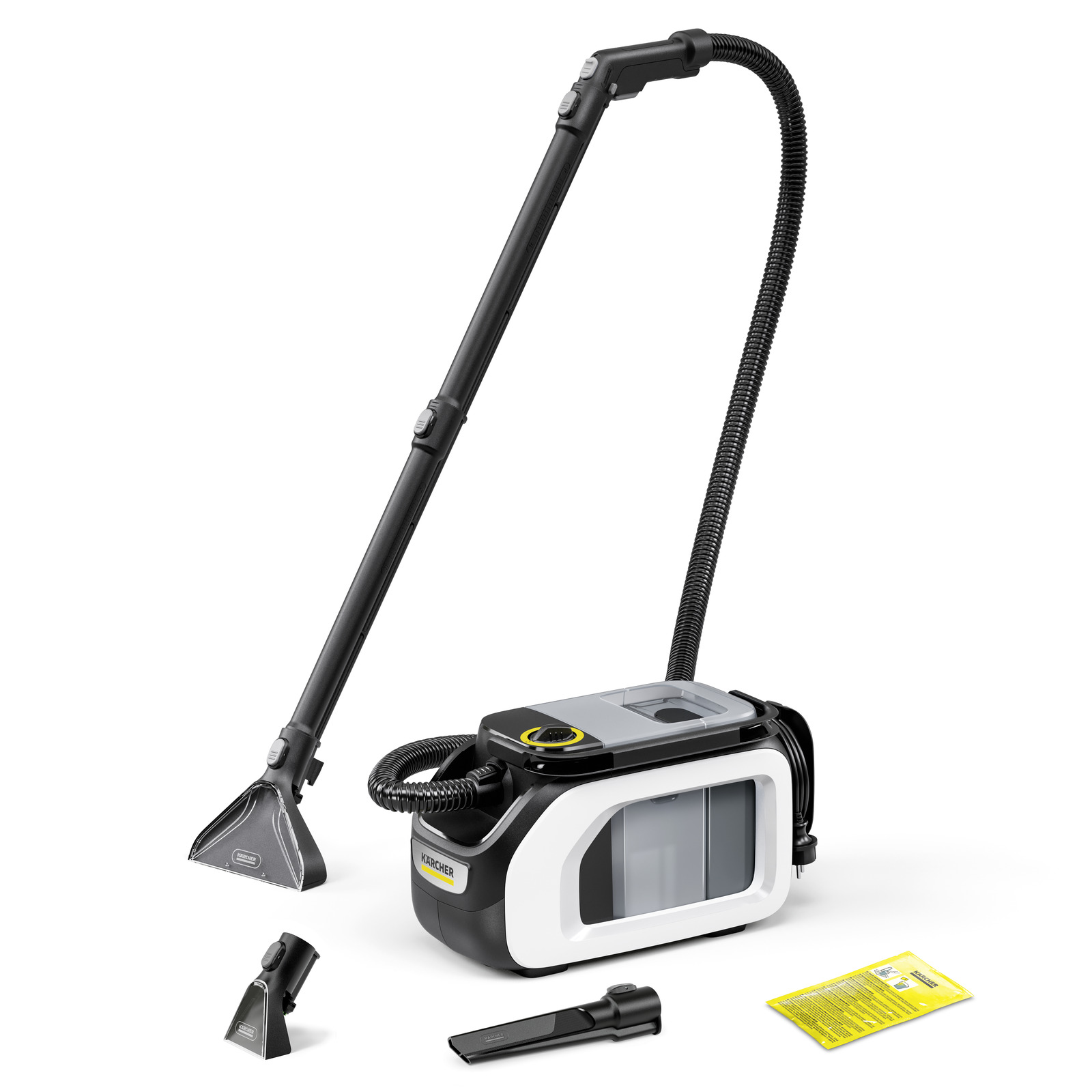 Kärcher carpet cleaner with long hose, triangular nozzle, and accessories on a white background. Kärcher carpet cleaner with long hose, triangular nozzle, and accessories on a white background.