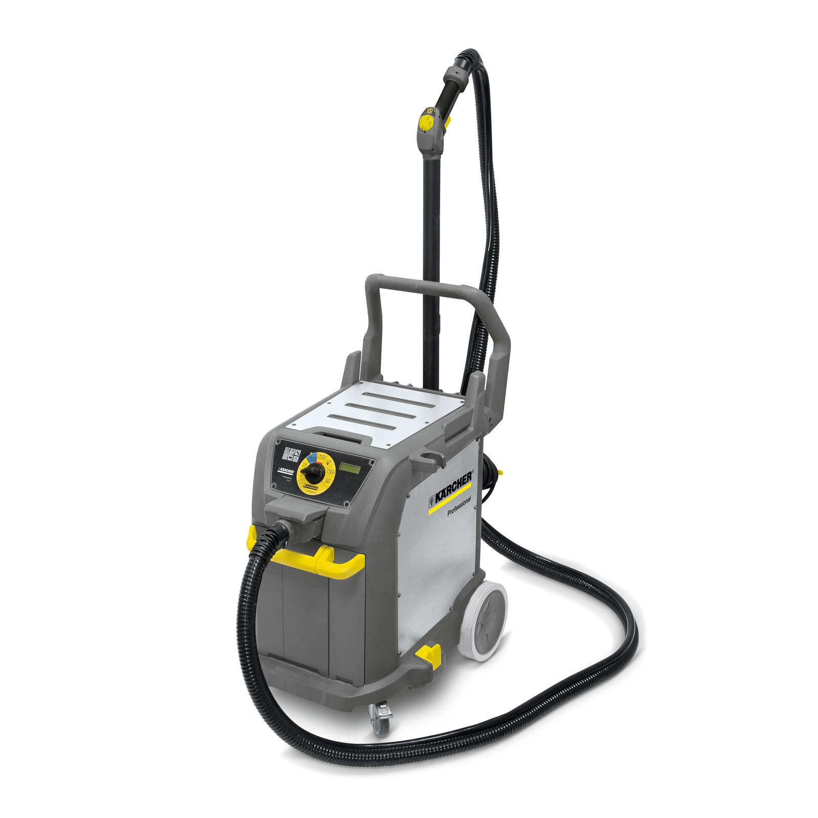 Kärcher steam cleaner with a grey and yellow design, featuring a hose and wheels for mobility.