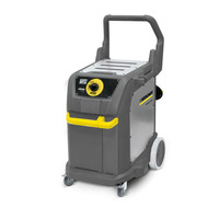Kärcher professional steam cleaner with grey body, yellow accents, control panel, and wheels.