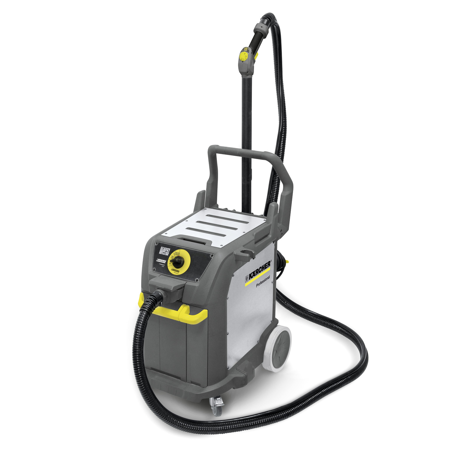 Kärcher steam cleaner with grey and yellow accents, featuring a hose and handle, on wheels for mobility. Kärcher steam cleaner with grey and yellow accents, featuring a hose and handle, on wheels for mobility.