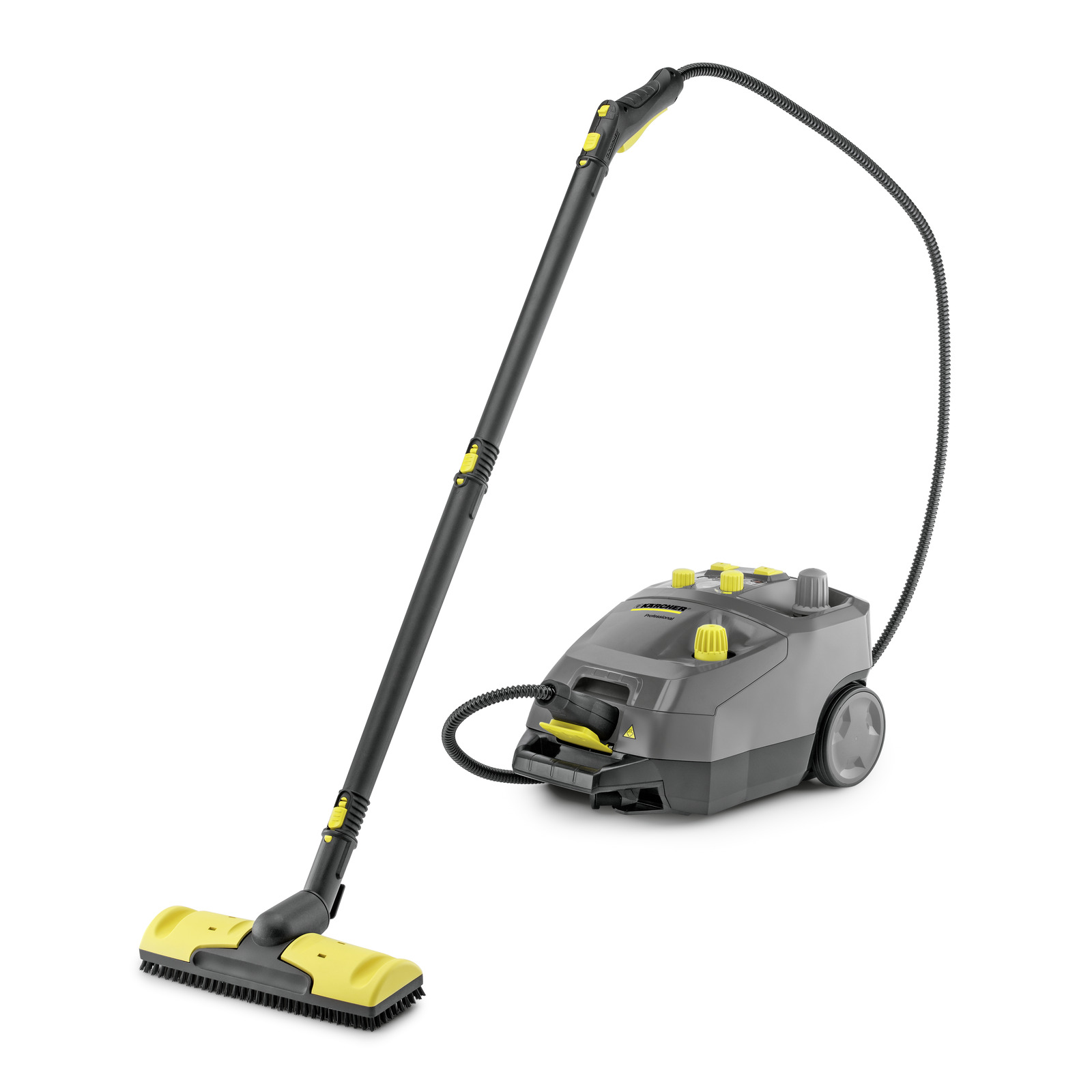 Kärcher steam cleaner with grey body, yellow accents, long handle, and brush attachment on white background.