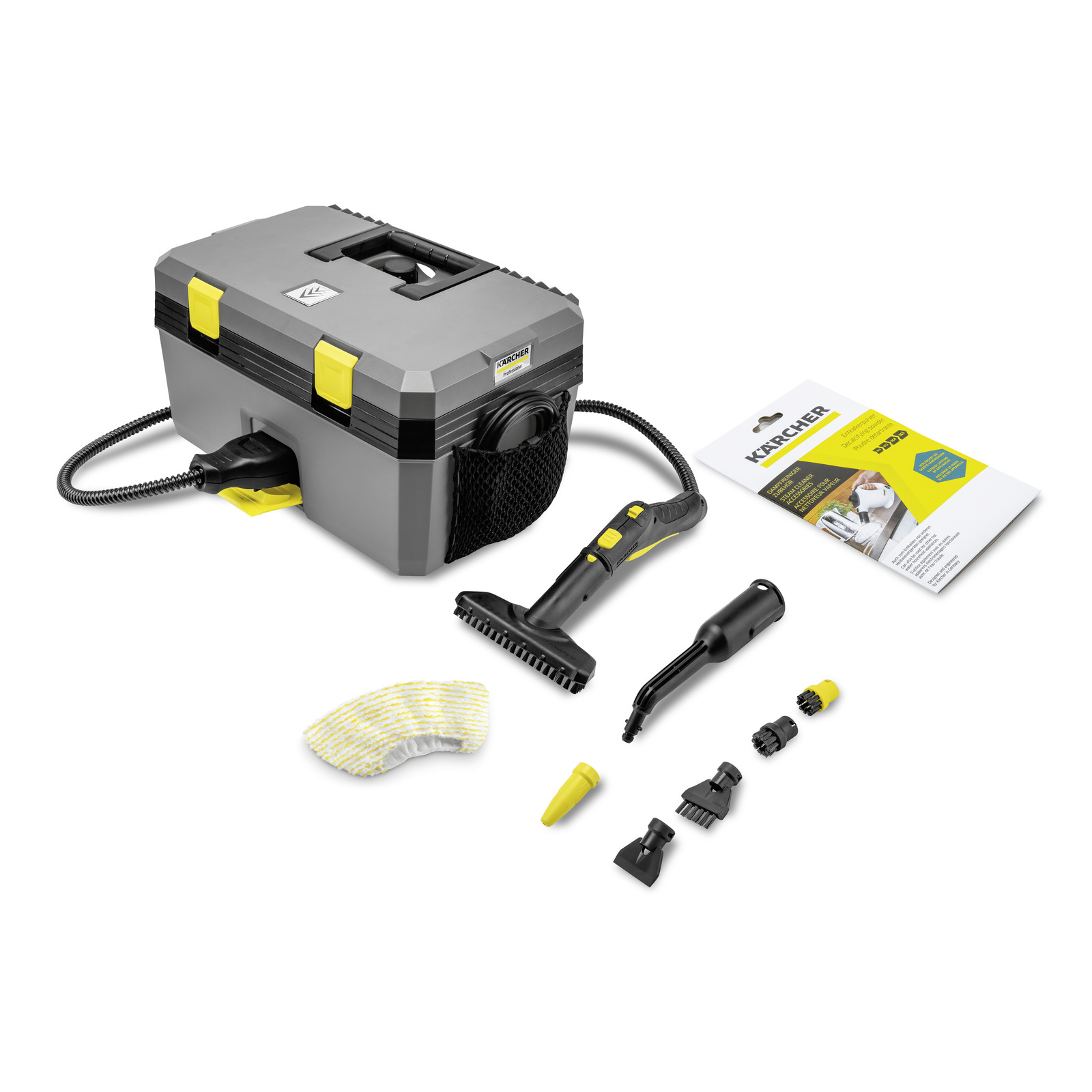 Aspirator Kärcher cu accesorii diverse, inclusiv perii și duze, și manual de utilizare pe fundal alb.