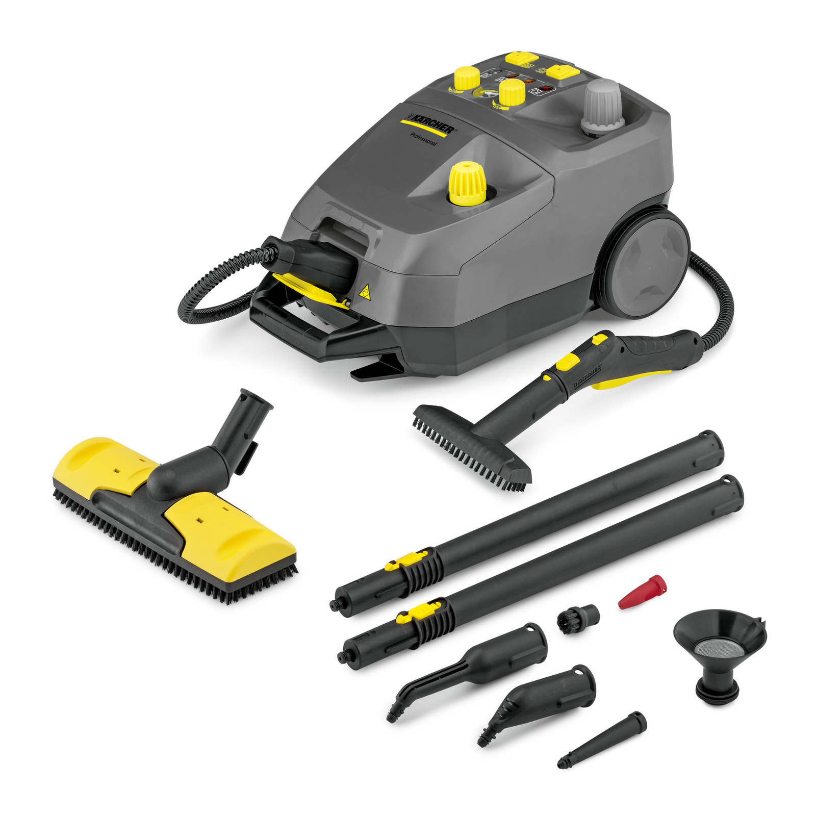 Kärcher steam cleaner with various attachments including brushes, extension tubes, and nozzles, set on a white background. Kärcher steam cleaner with various attachments including brushes, extension tubes, and nozzles, set on a white background.