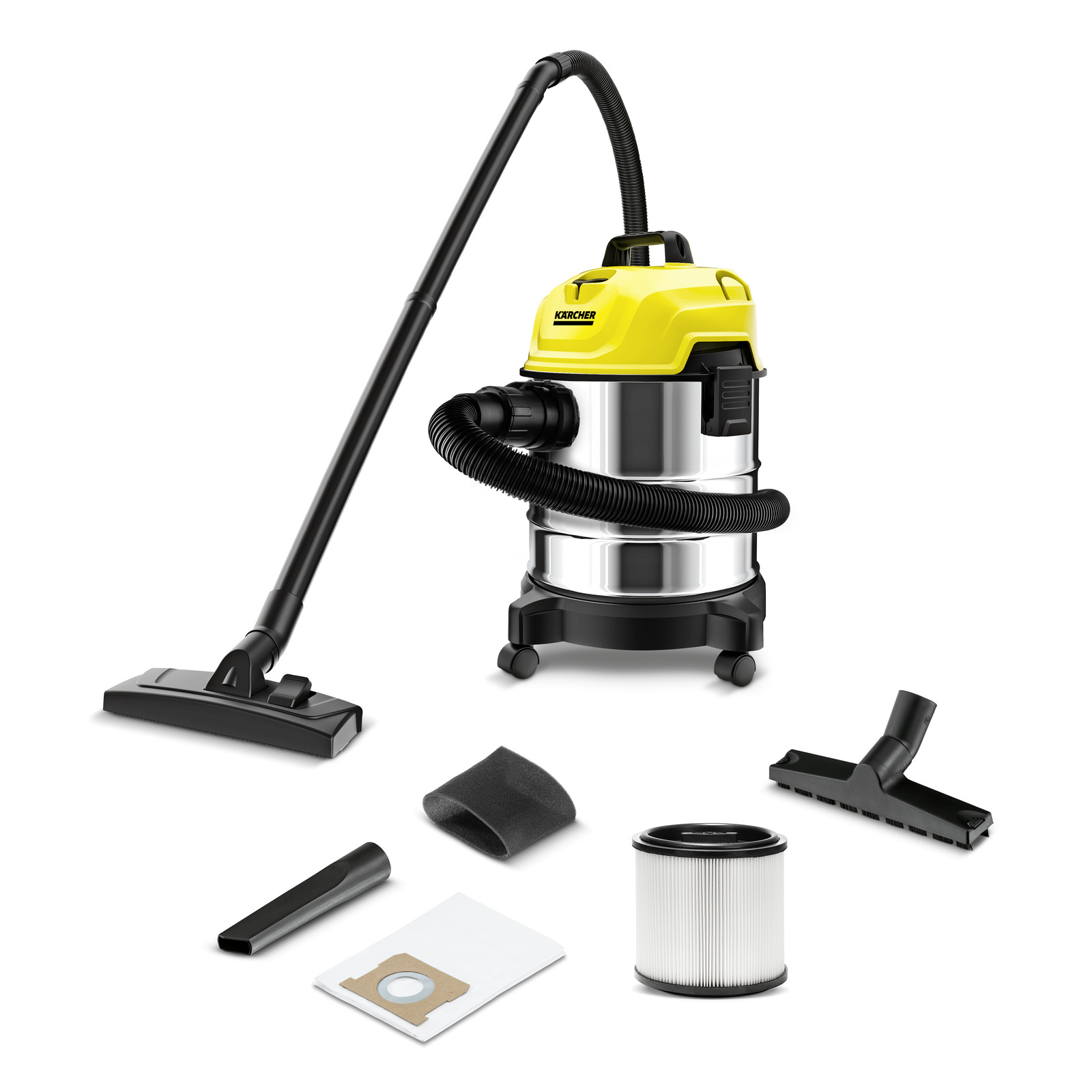 Kärcher wet and dry vacuum cleaner with accessories including nozzles, filter, and dust bag, displayed on a white background. Kärcher wet and dry vacuum cleaner with accessories including nozzles, filter, and dust bag, displayed on a white background.