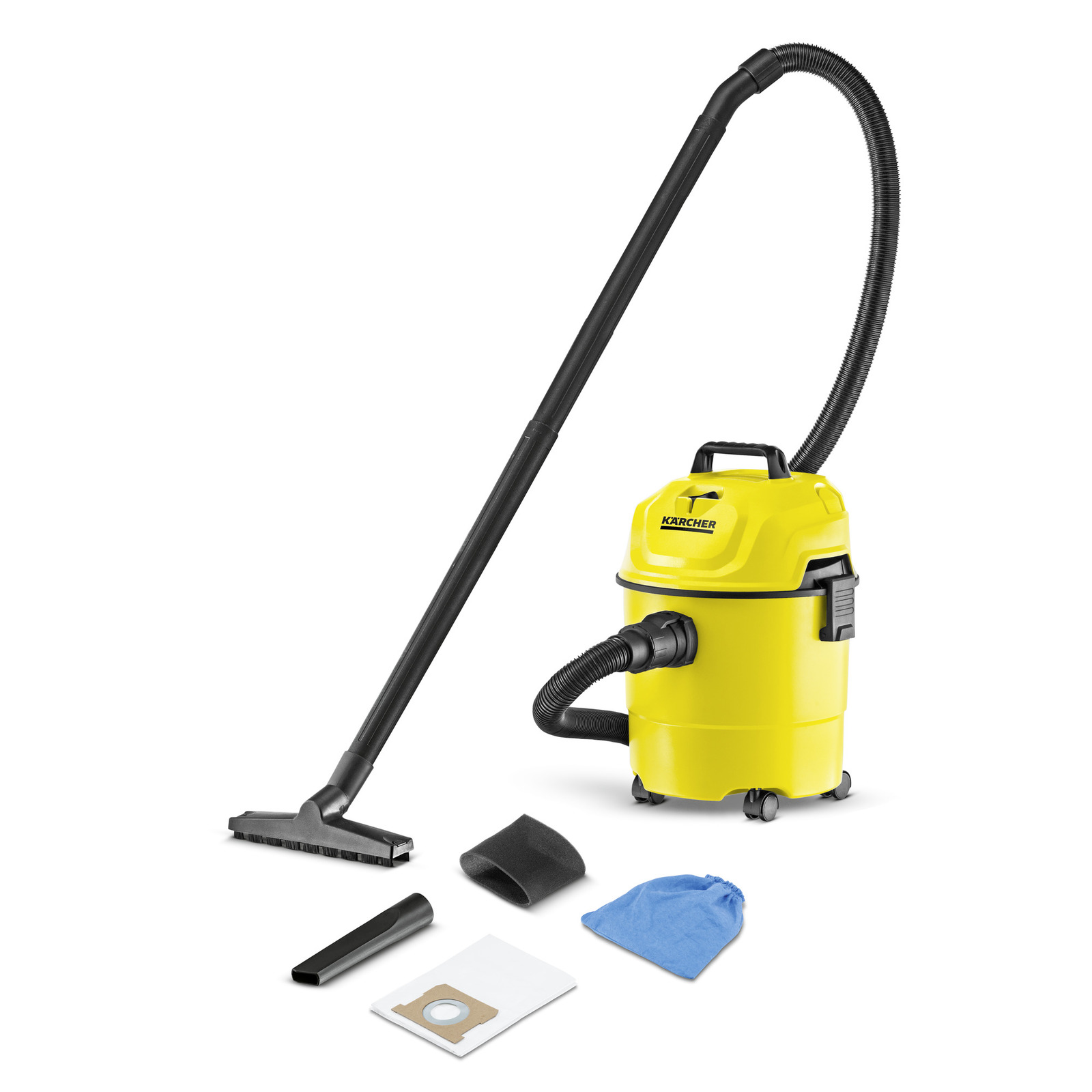 Yellow Kärcher wet and dry vacuum cleaner with hose, floor nozzle, and accessories including filter, bag, and cloth on white background.
