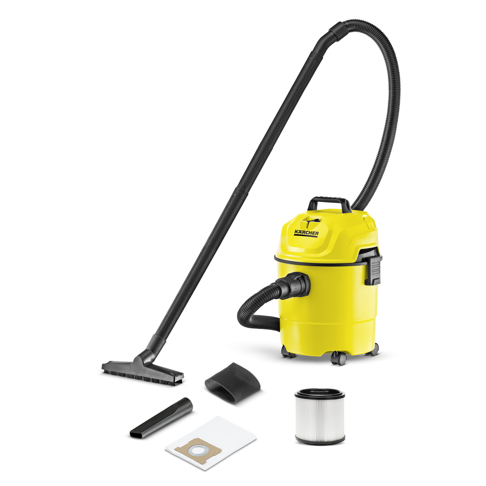 Yellow Kärcher wet and dry vacuum cleaner with hose, nozzle, filter, and bag on a white background. Yellow Kärcher wet and dry vacuum cleaner with hose, nozzle, filter, and bag on a white background.