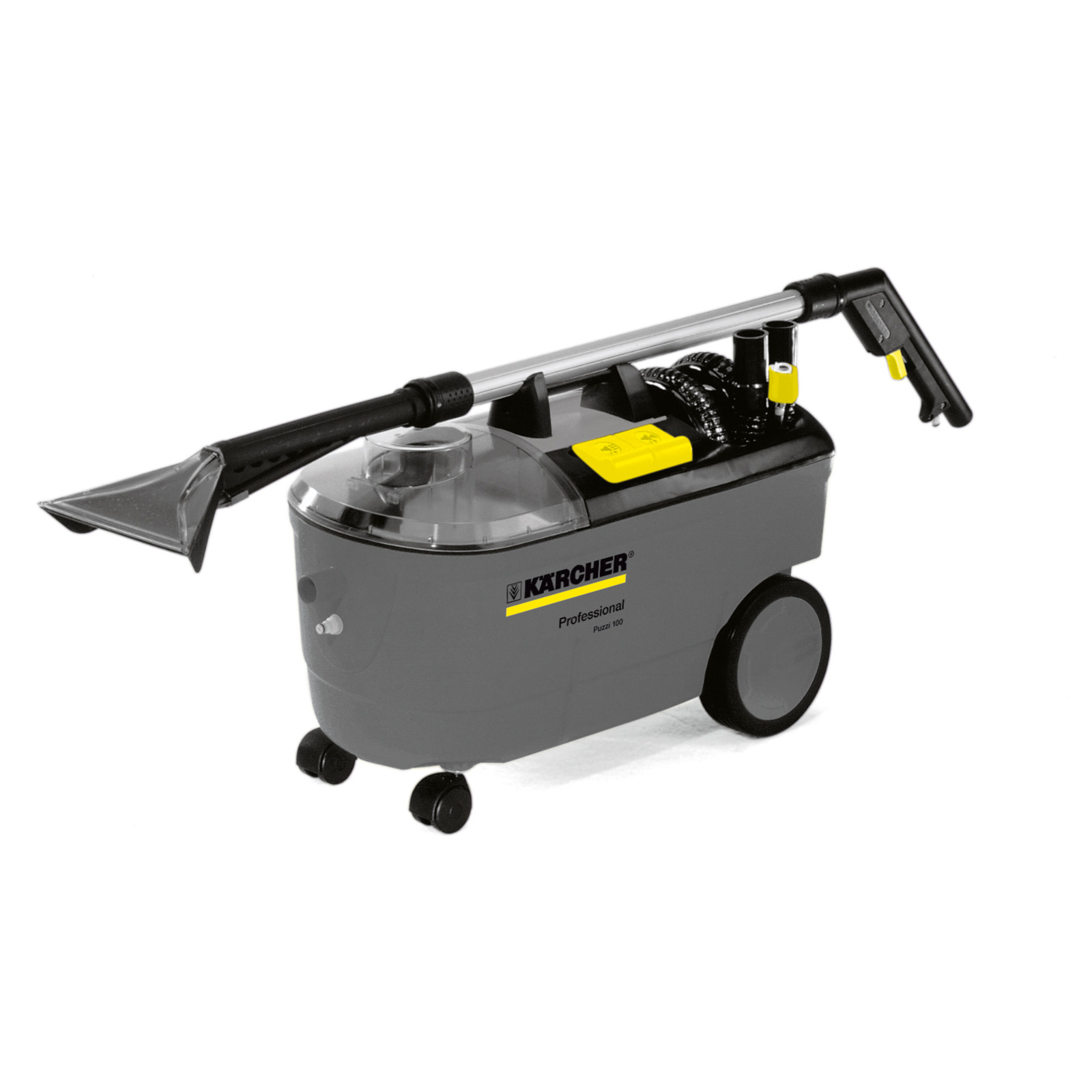 Kärcher Puzzi 100 carpet cleaner with transparent lid, yellow buttons, and attached hose on wheels.