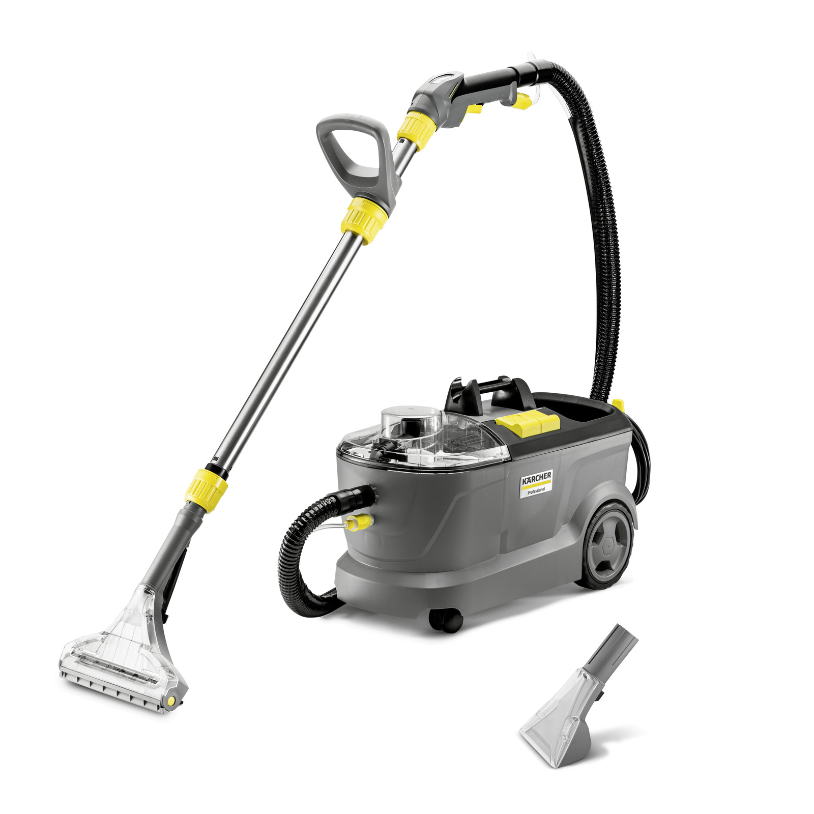 Kärcher carpet cleaner with a long handle and transparent nozzle, featuring a grey body and yellow accents.