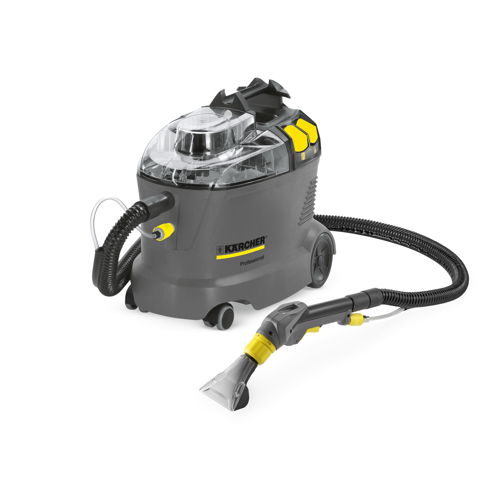 Kärcher professional carpet cleaner with transparent lid, hose, and nozzle attachment, featuring yellow accents and wheels. Kärcher professional carpet cleaner with transparent lid, hose, and nozzle attachment, featuring yellow accents and wheels.