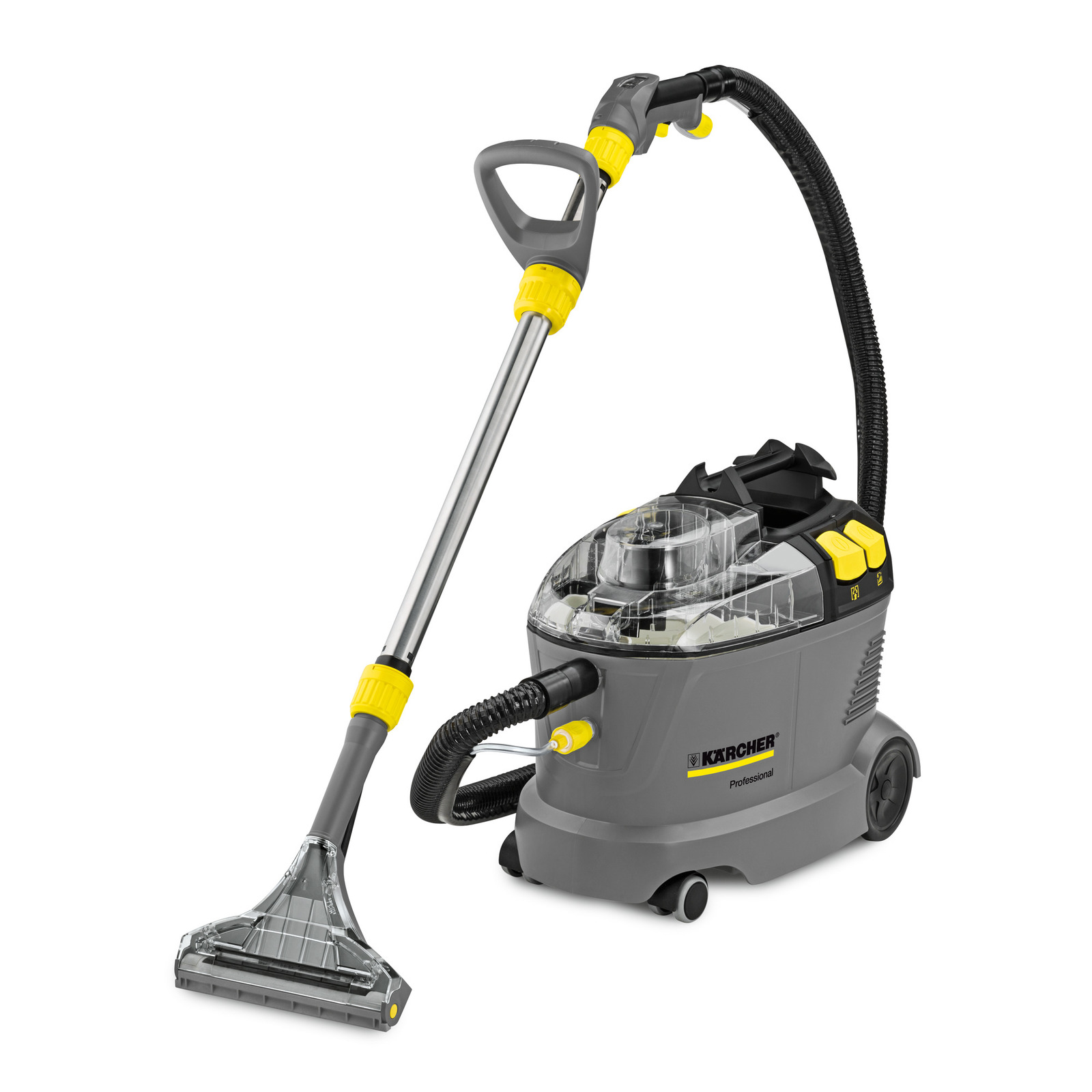 Kärcher carpet cleaner with grey body, transparent tank, yellow accents, and a long handle with a cleaning head. Kärcher carpet cleaner with grey body, transparent tank, yellow accents, and a long handle with a cleaning head.