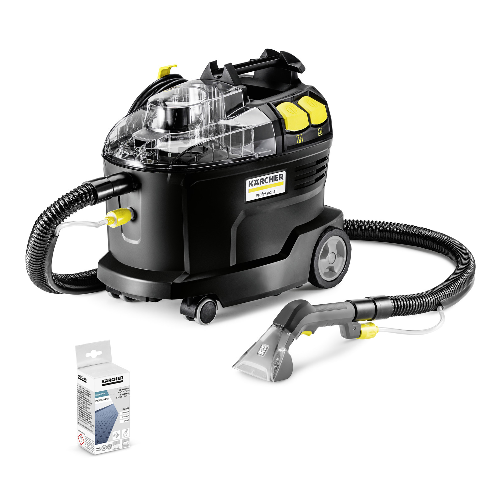 Aspirator Kärcher profesional cu accesorii și soluție de curățare, pe fundal alb.