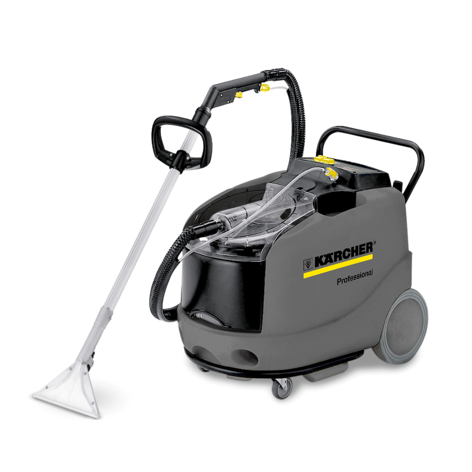 Kärcher Teppichreiniger mit grauem Gehäuse, transparentem Tank und langem Saugrohr.