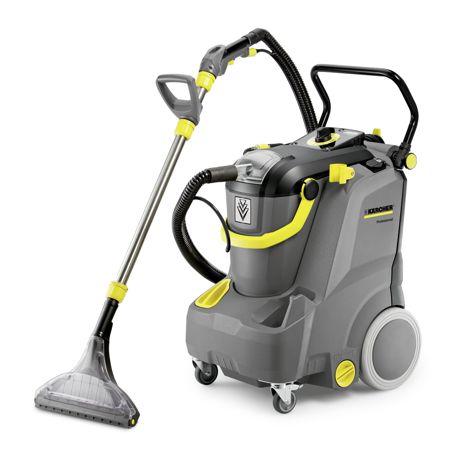 Kärcher carpet cleaner with grey and yellow design, featuring a handle, hose, and transparent nozzle. Kärcher carpet cleaner with grey and yellow design, featuring a handle, hose, and transparent nozzle.