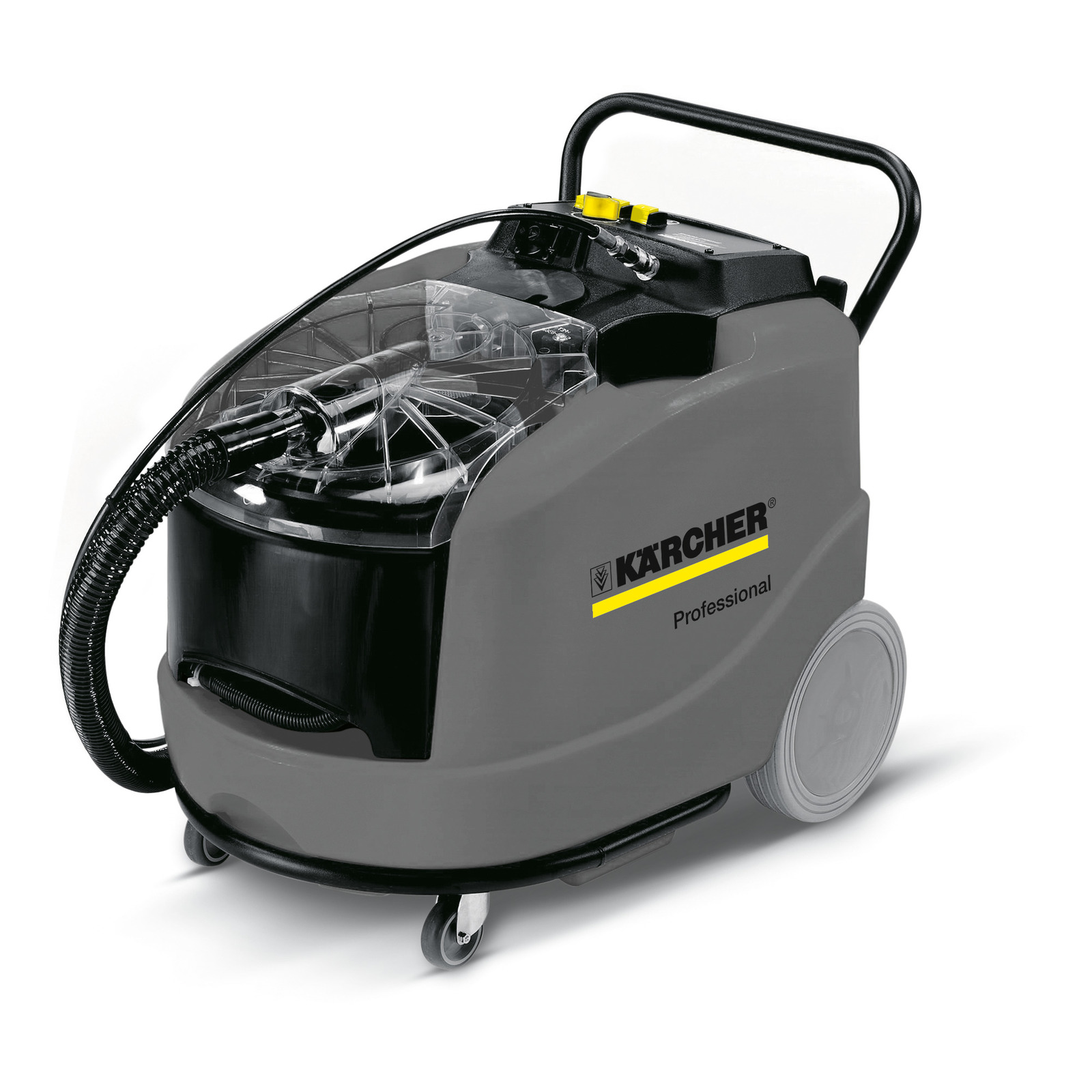 Kärcher professional carpet cleaner with transparent lid, hose attachment, and wheels for mobility.