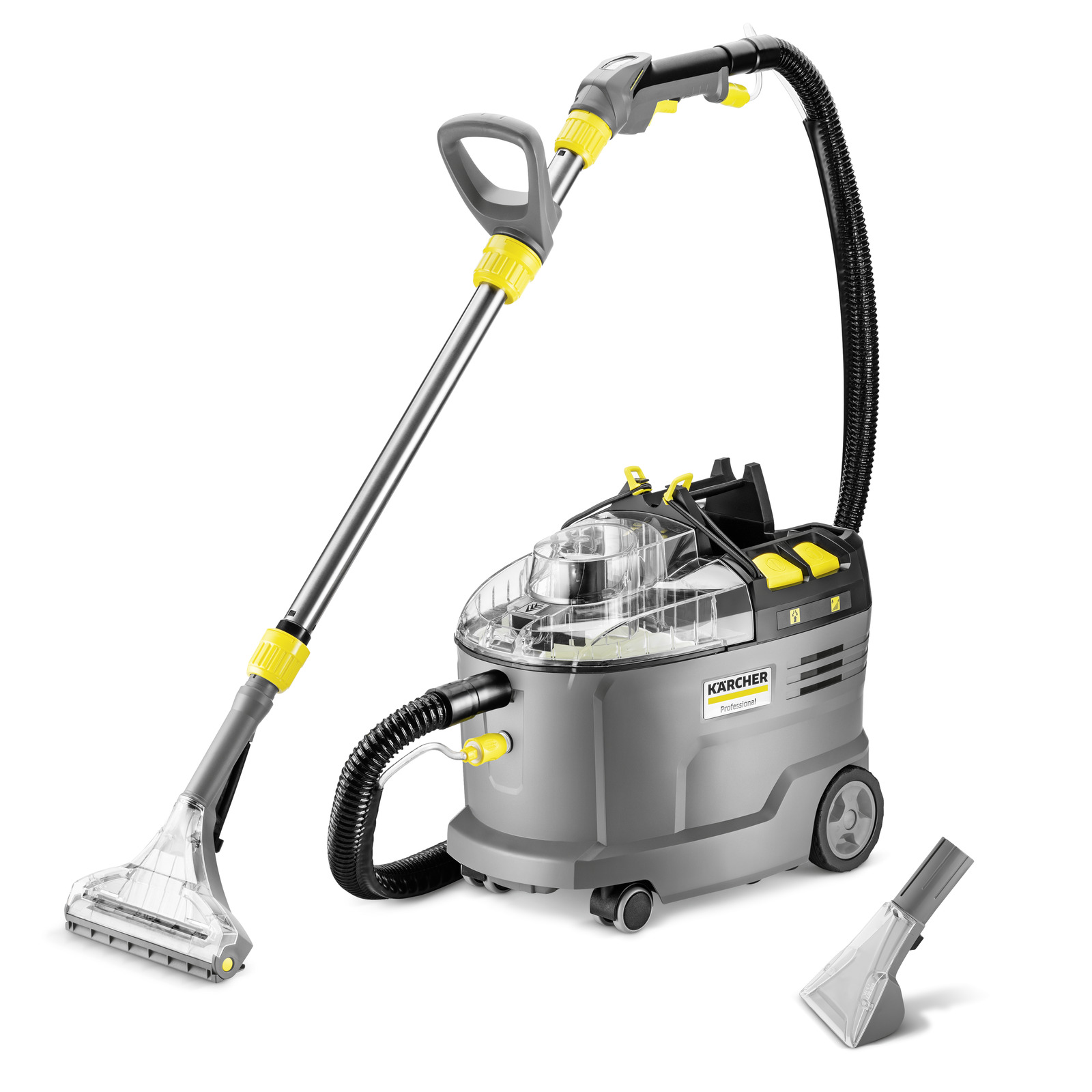 Kärcher carpet cleaner with transparent nozzle, grey body, yellow accents, and detachable accessory on white background.