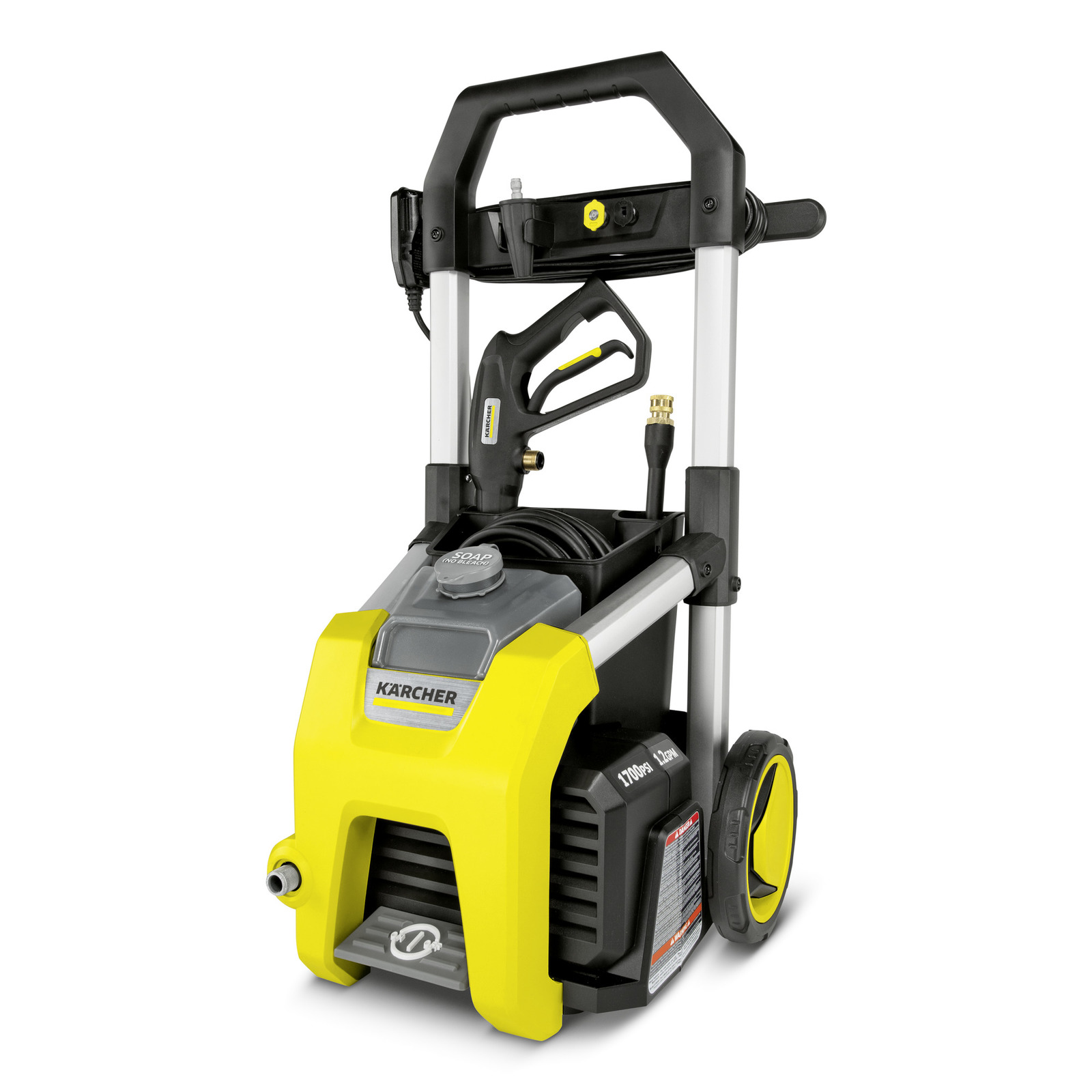 Kärcher high-pressure cleaner with yellow and black design, hose reel, and spray gun attachment. Kärcher high-pressure cleaner with yellow and black design, hose reel, and spray gun attachment.