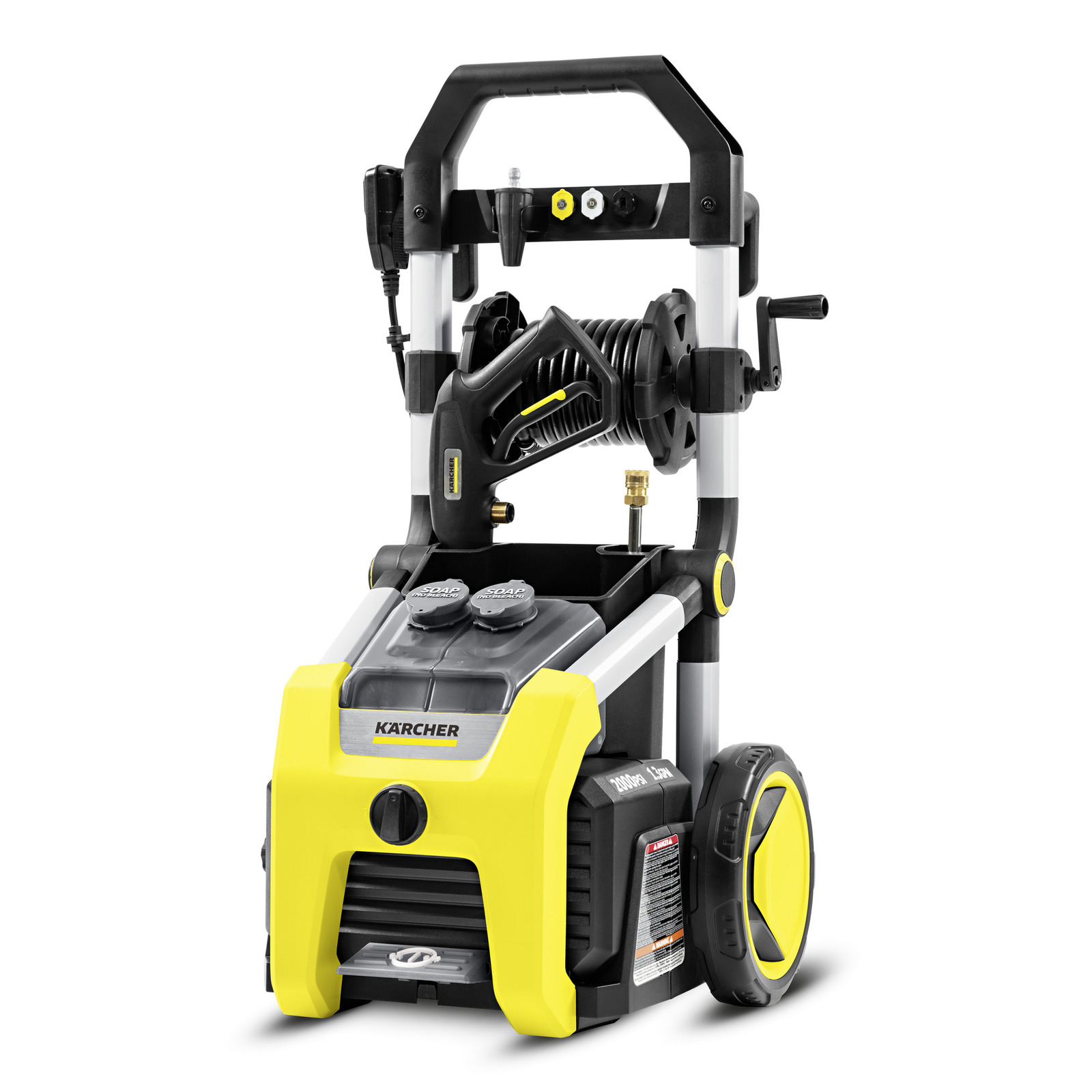 Kärcher high-pressure cleaner with hose reel, soap dispenser, and large wheels, featuring a yellow and black design.