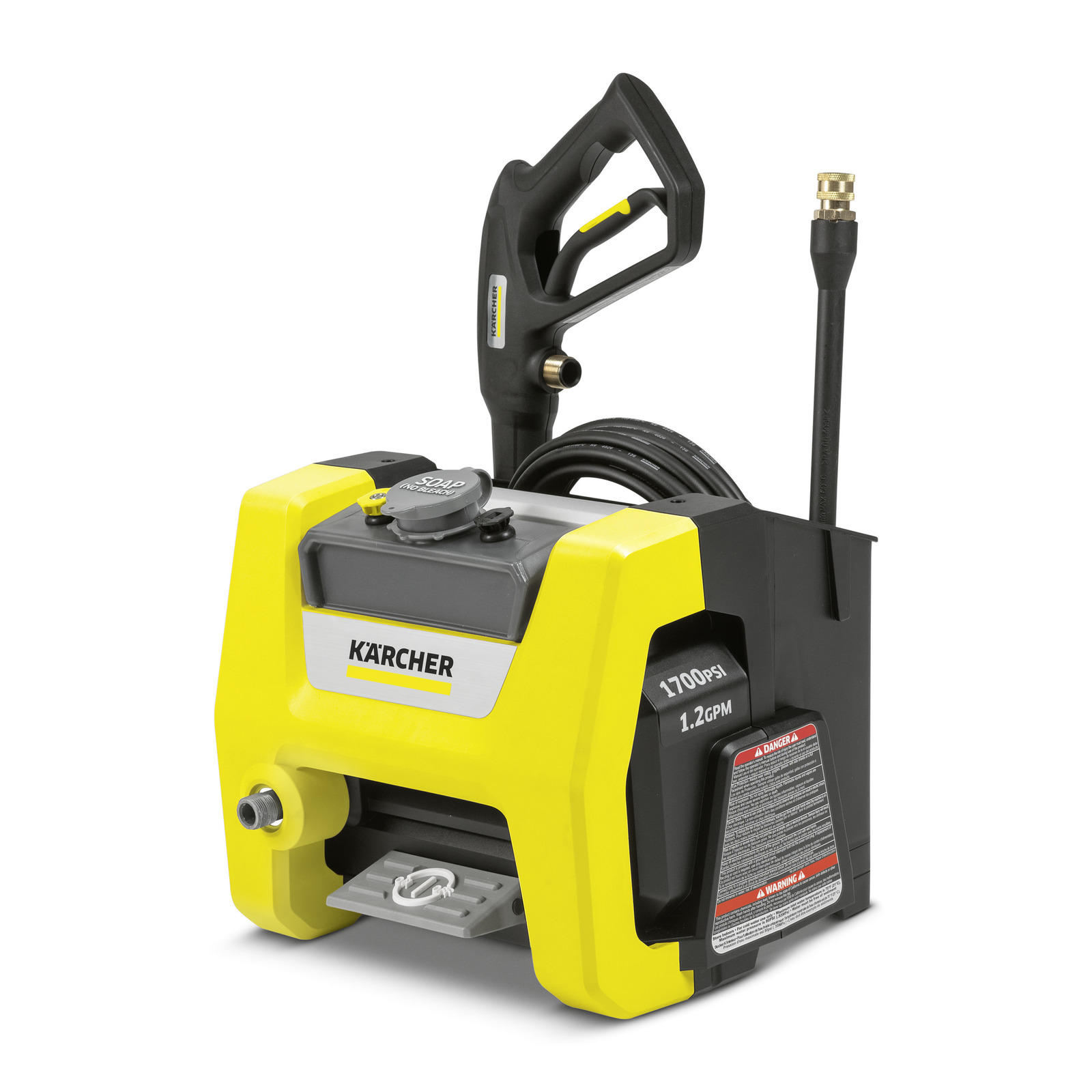 Kärcher high-pressure cleaner with a yellow casing, hose, and spray gun attachment.