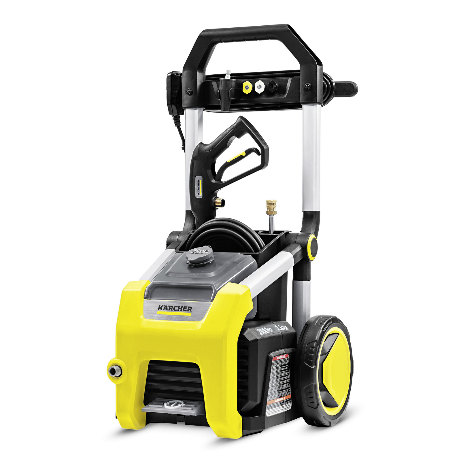 Kärcher high-pressure cleaner with yellow accents, hose reel, and large wheels on a white background. Kärcher high-pressure cleaner with yellow accents, hose reel, and large wheels on a white background.