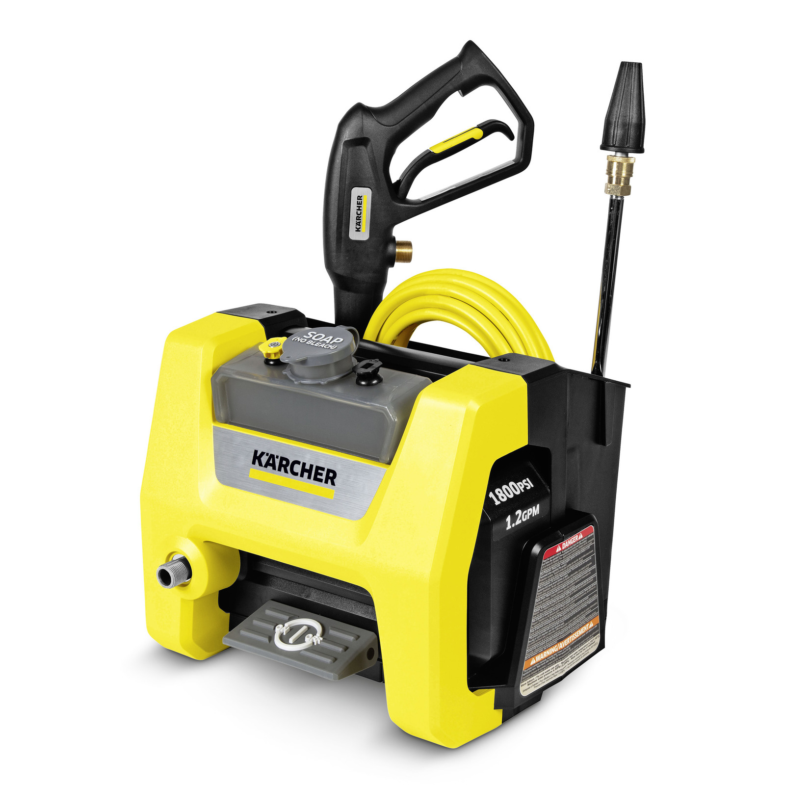 Kärcher high-pressure cleaner with yellow casing, black handle, and attached hose.