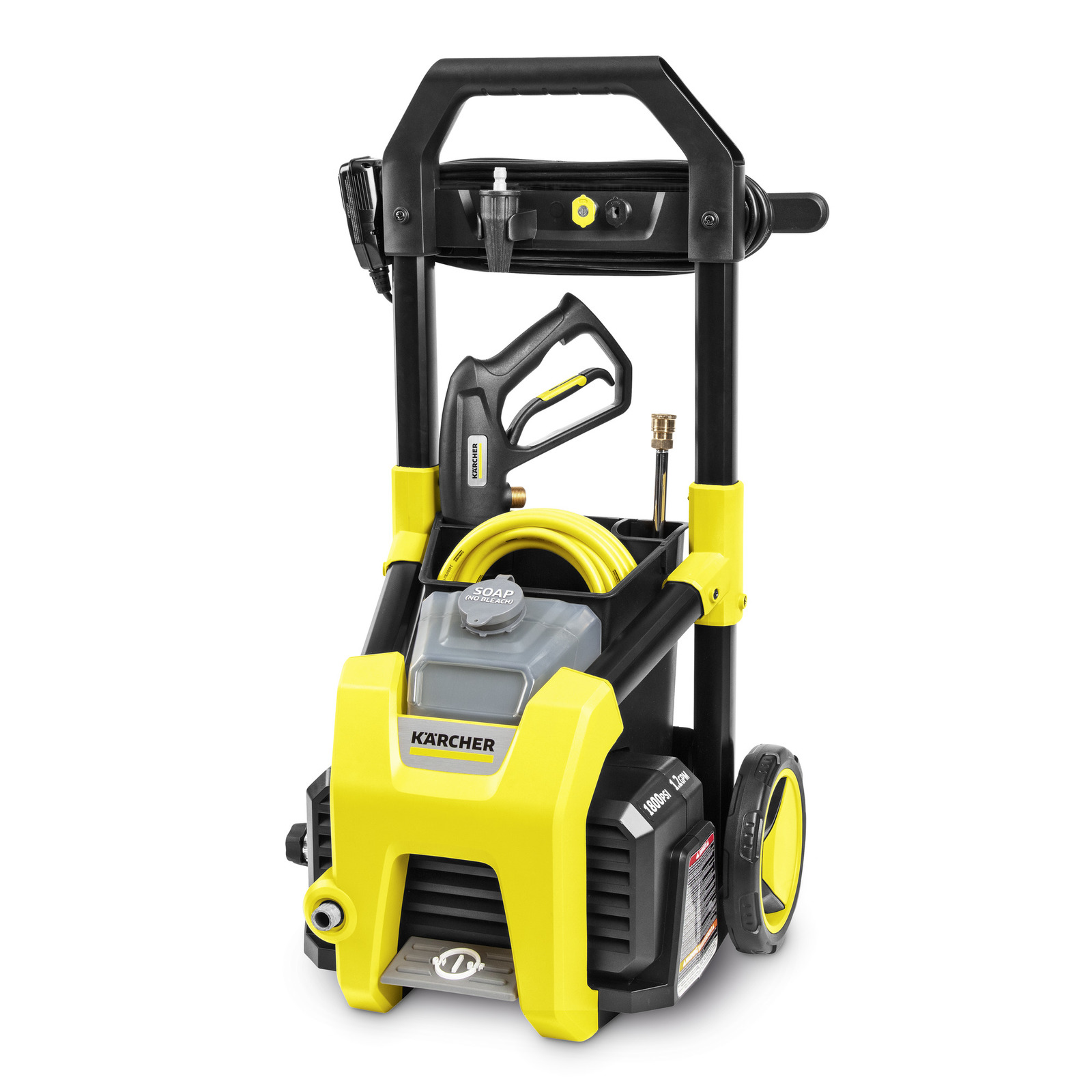 Kärcher high-pressure cleaner with yellow and black design, hose reel, and soap tank, standing on two wheels. Kärcher high-pressure cleaner with yellow and black design, hose reel, and soap tank, standing on two wheels.